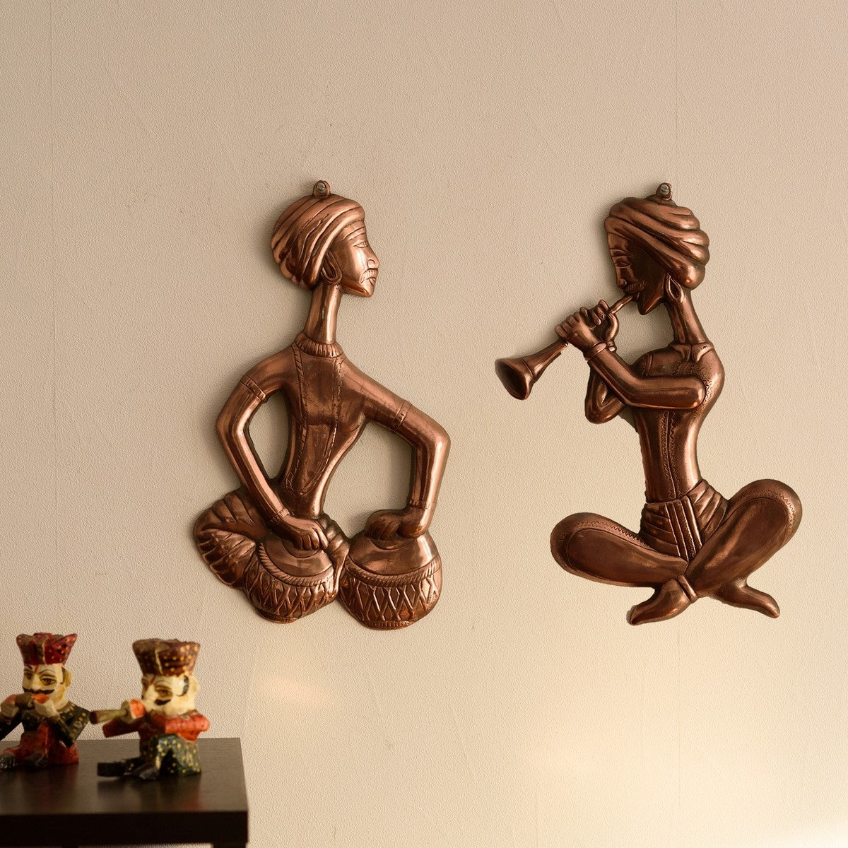 Brown Metal Set Of 2 Musicians Playing Tabla and Shehnai Wall Hanging Kafalo