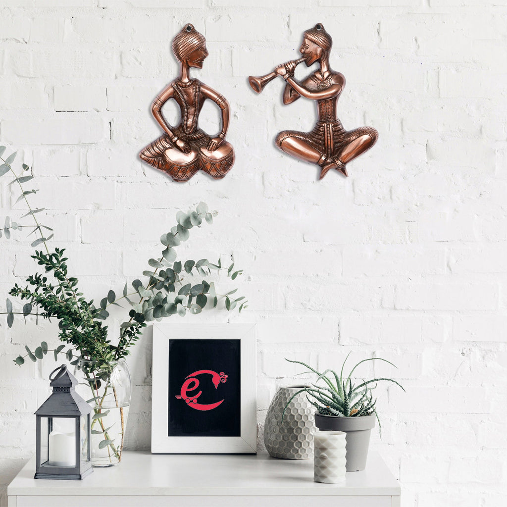 Set of 2 Musicians Brown Color Metal Wall Hanging Kafalo