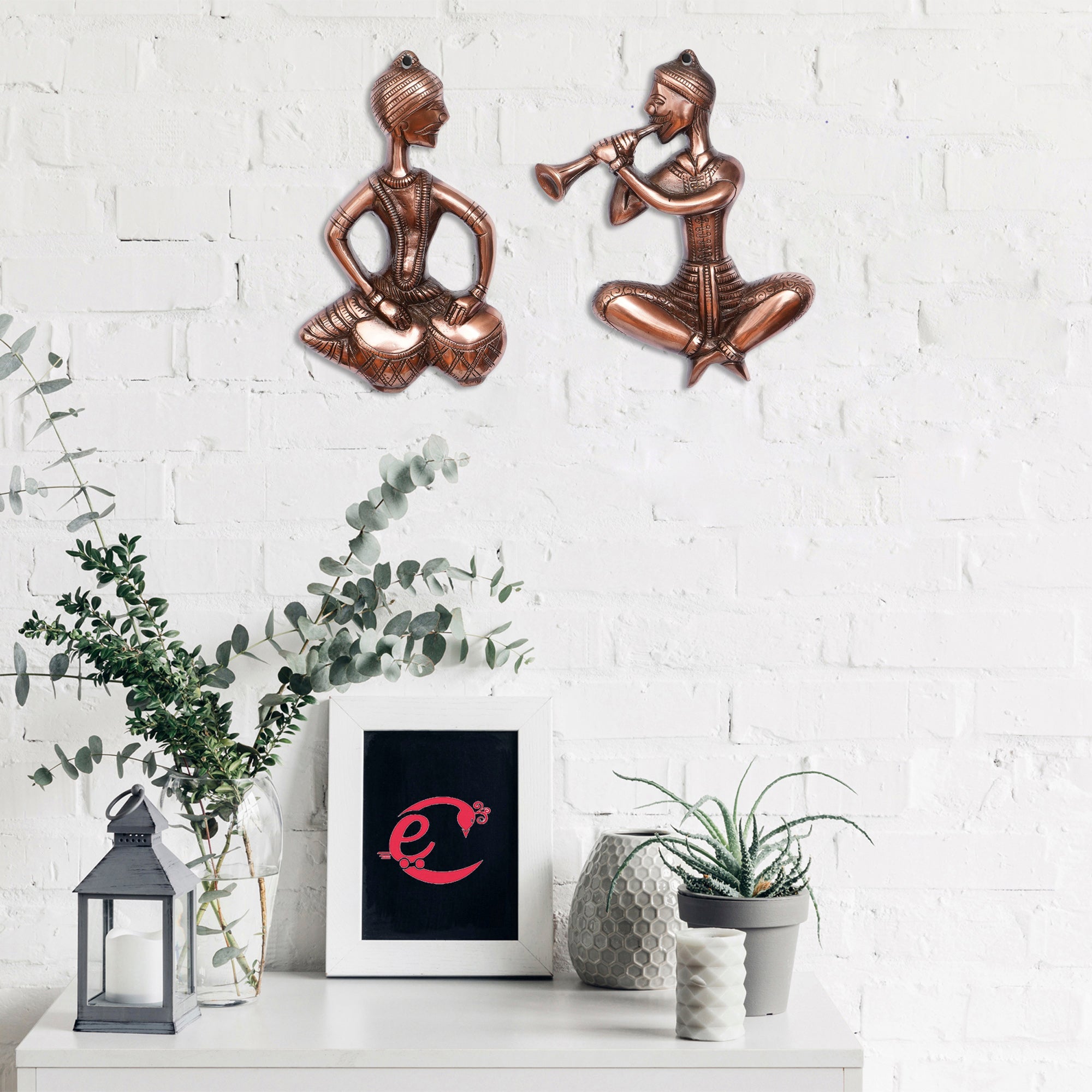 Set of 2 Musicians Brown Color Metal Wall Hanging Kafalo