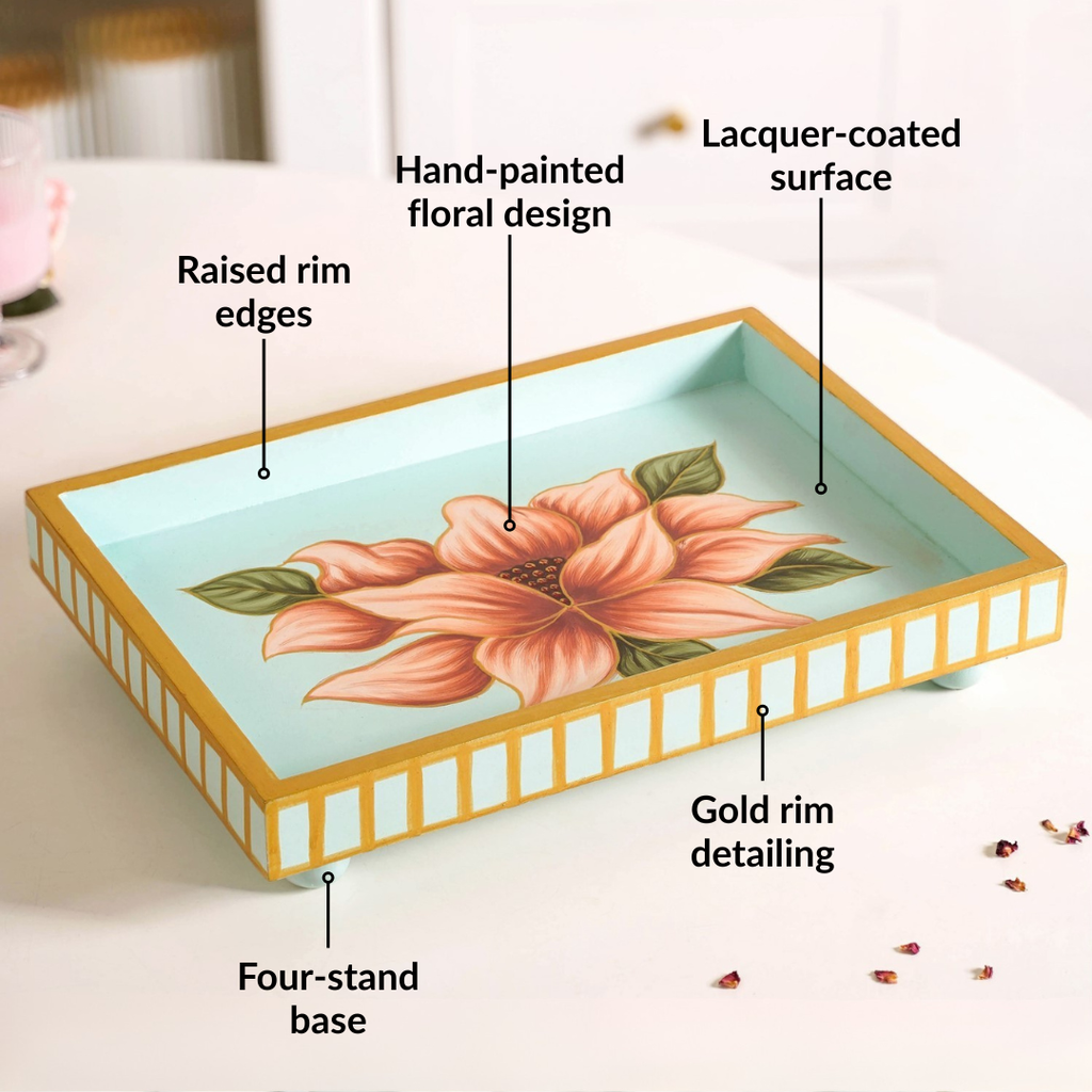 Lotus Royale Hand Painted Rectangular Mango Wood Tray Nestasia