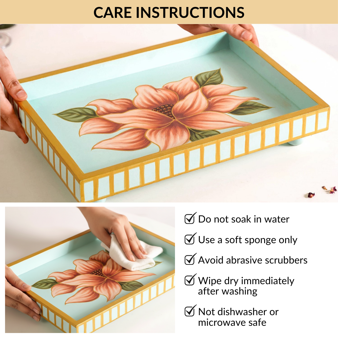 Lotus Royale Hand Painted Rectangular Mango Wood Tray Nestasia