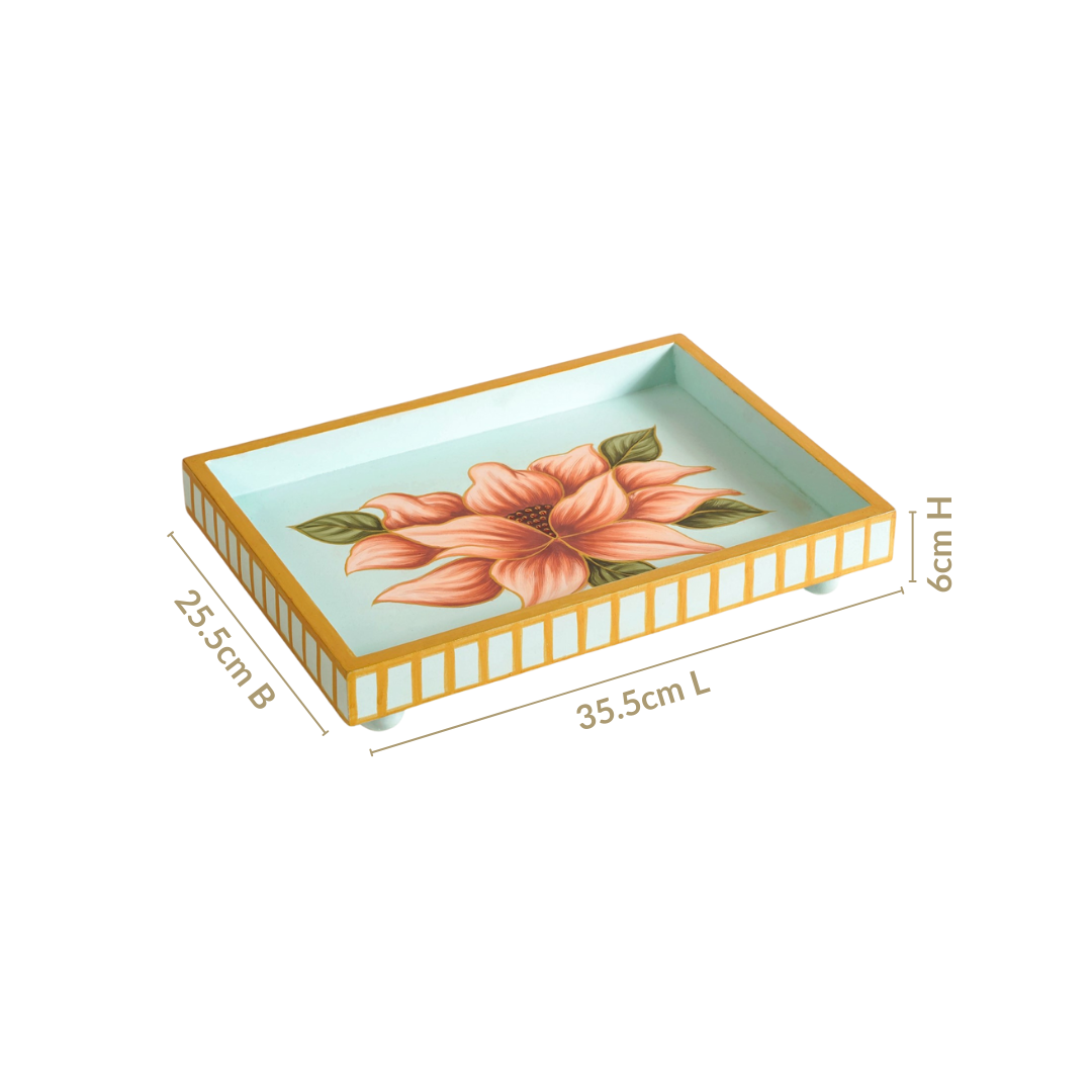 Lotus Royale Hand Painted Rectangular Mango Wood Tray Nestasia