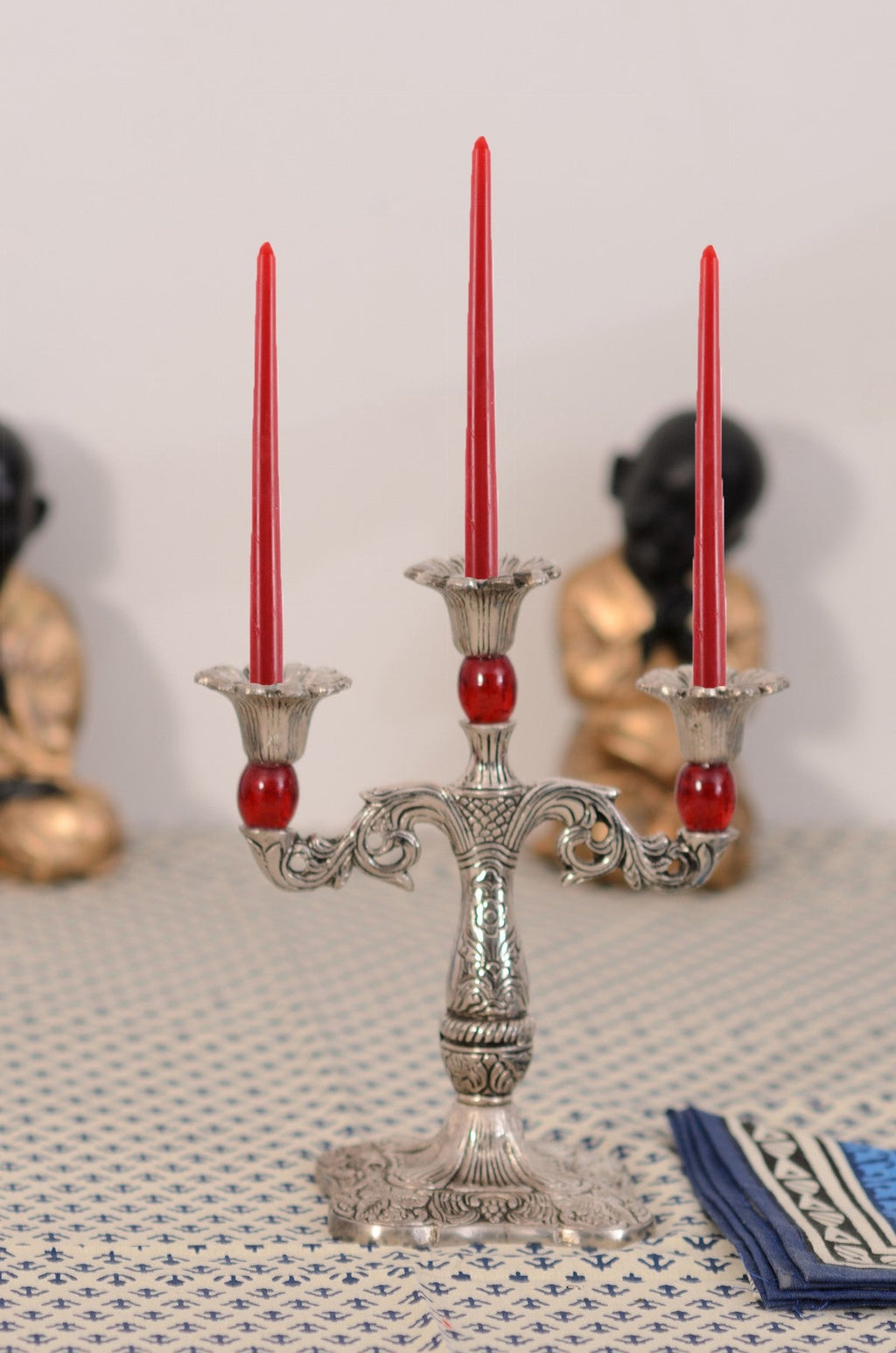 Royal Red Crystal Metal 3 Arm Candle Stand Kafalo