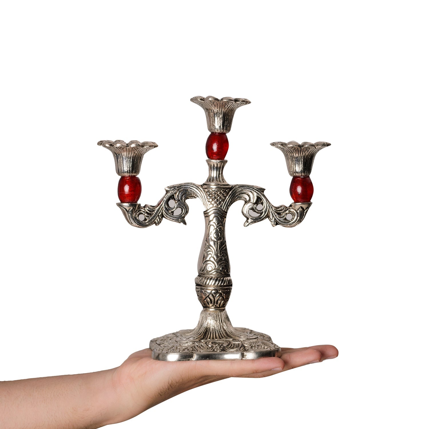Royal Red Crystal Metal 3 Arm Candle Stand Kafalo