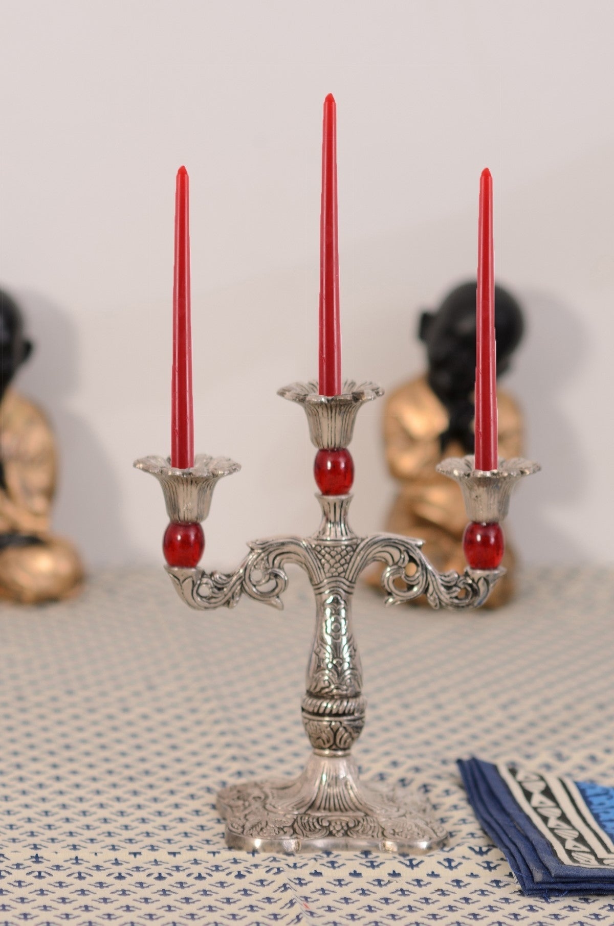 White Metal Silver and Red 3 Candle stand Kafalo