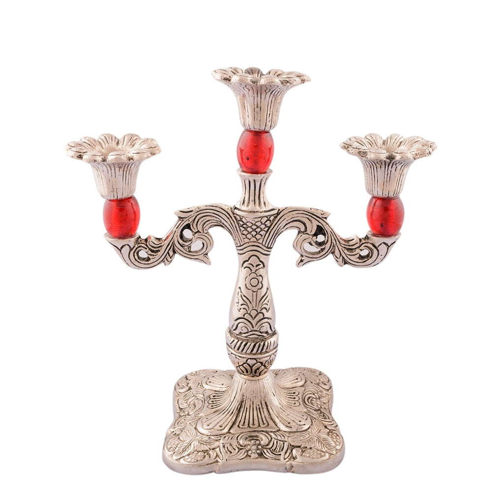White Metal Silver and Red 3 Candle stand Kafalo
