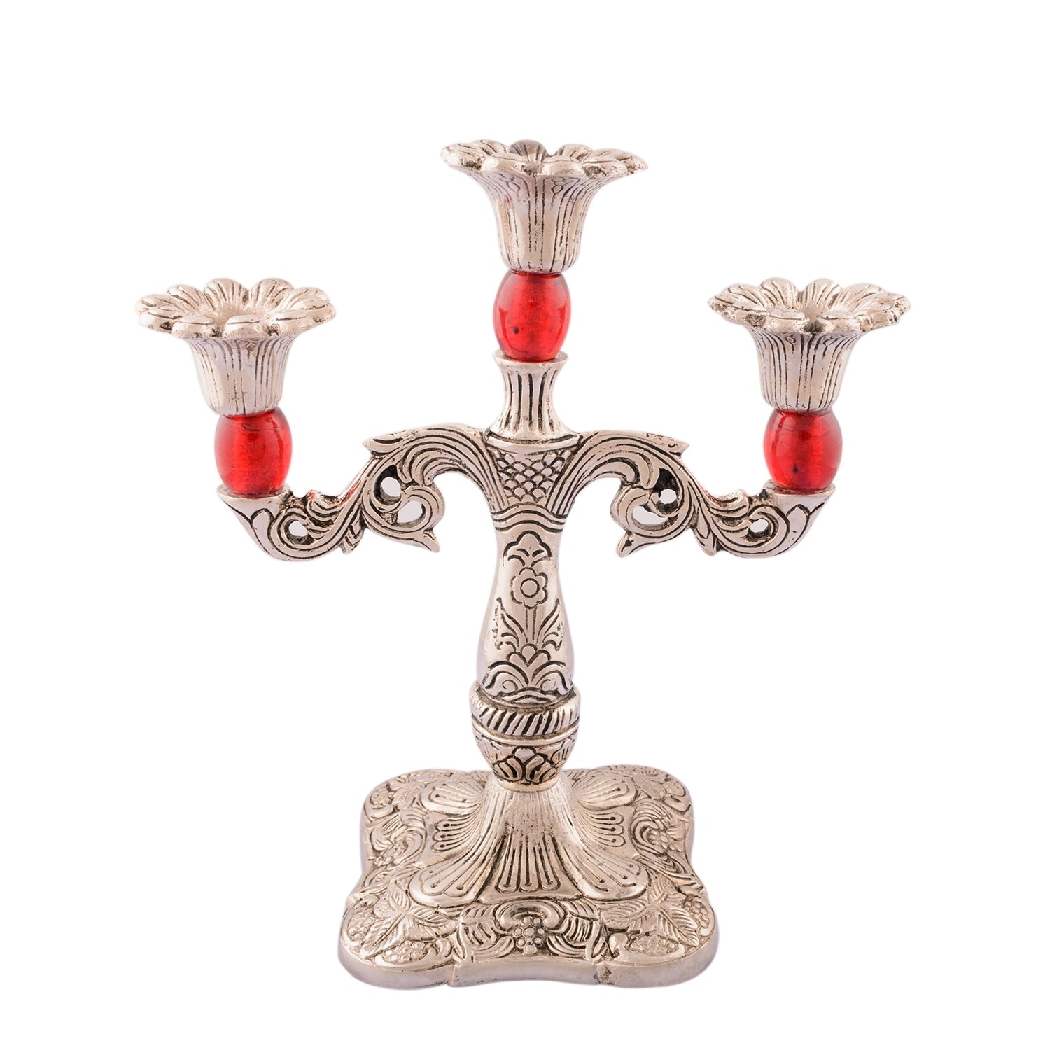 White Metal Silver and Red 3 Candle stand Kafalo