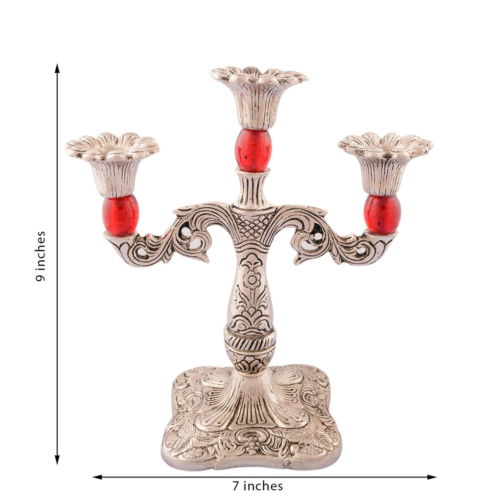 White Metal Silver and Red 3 Candle stand Kafalo