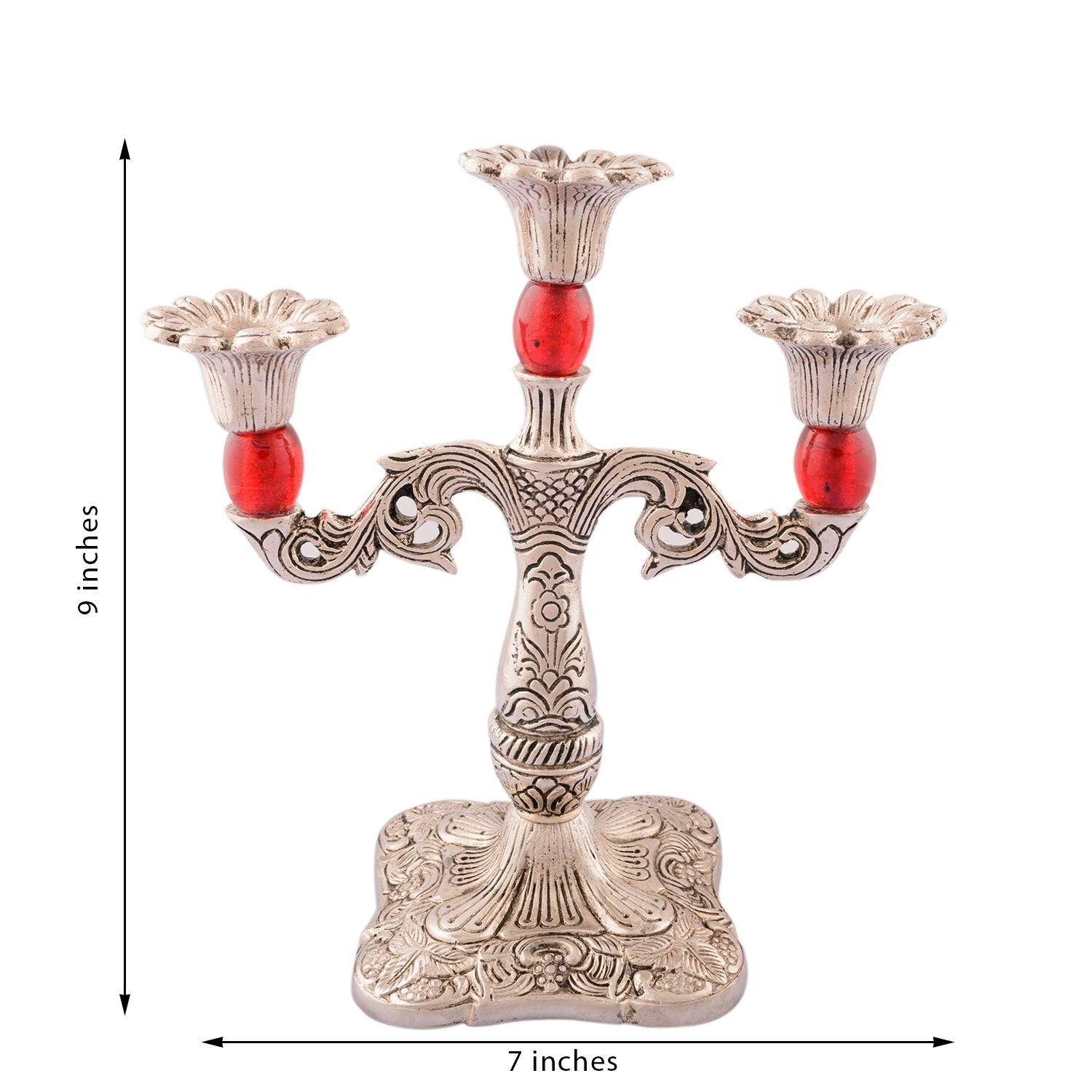 White Metal Silver and Red 3 Candle stand Kafalo