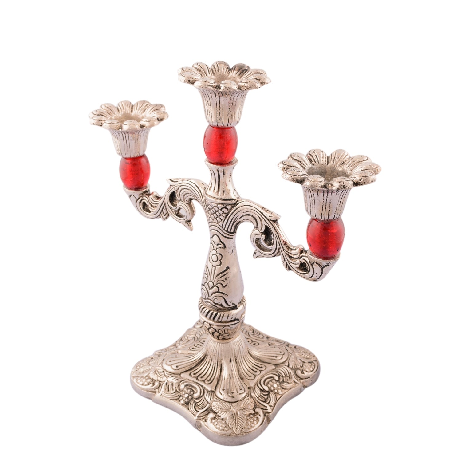 White Metal Silver and Red 3 Candle stand Kafalo