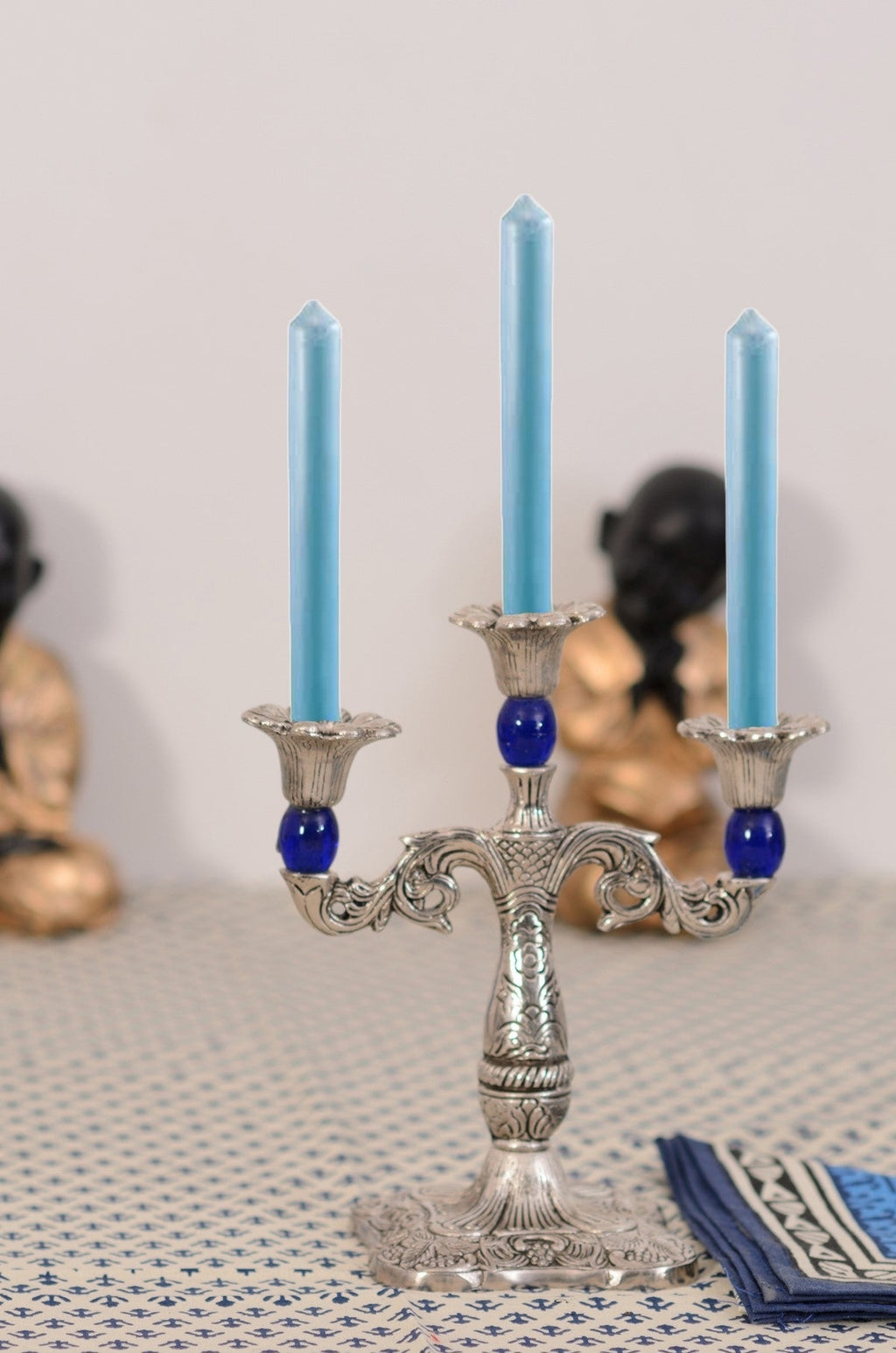 Royal Blue Crystal Metal 3 Arm Candle Stand Kafalo