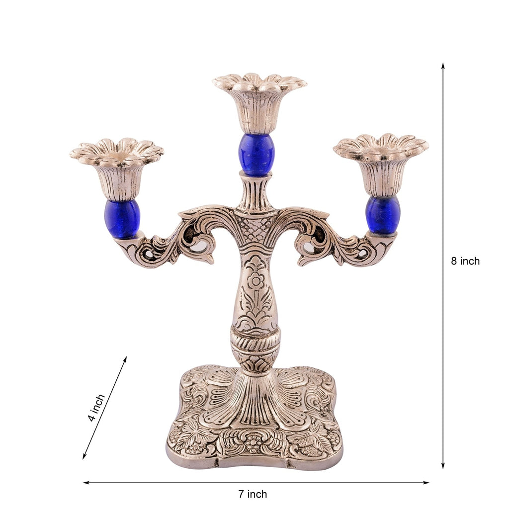 Royal Blue Crystal Metal 3 Arm Candle Stand Kafalo