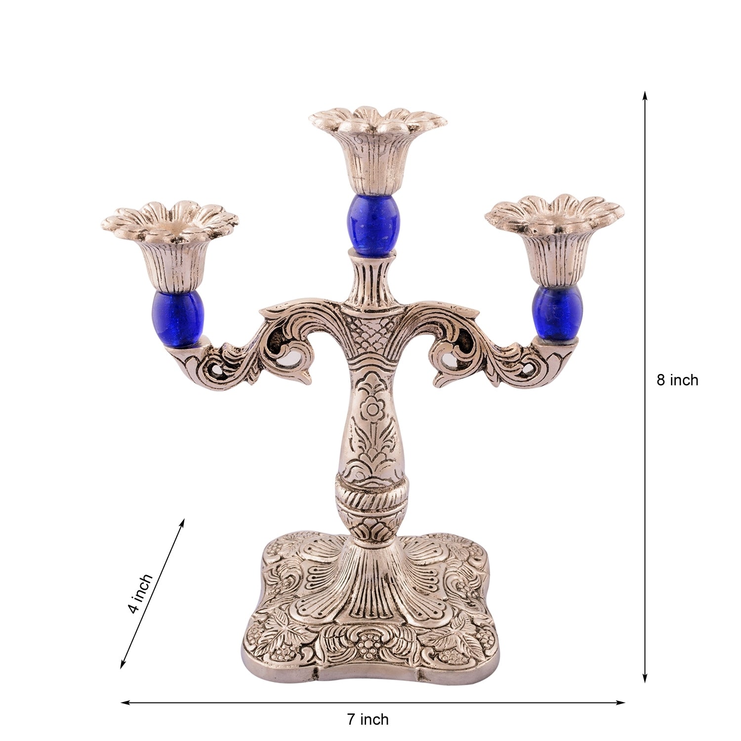 Royal Blue Crystal Metal 3 Arm Candle Stand Kafalo