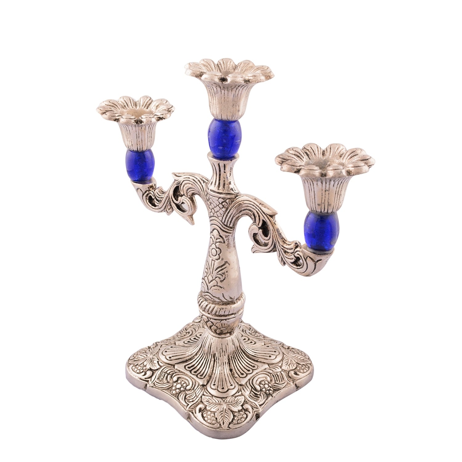 Royal Blue Crystal Metal 3 Arm Candle Stand Kafalo