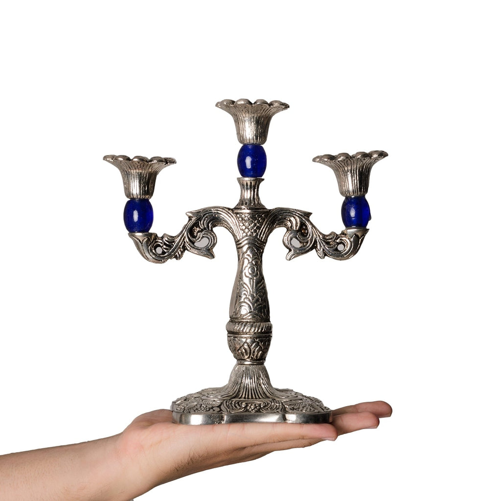 Royal Blue Crystal Metal 3 Arm Candle Stand Kafalo