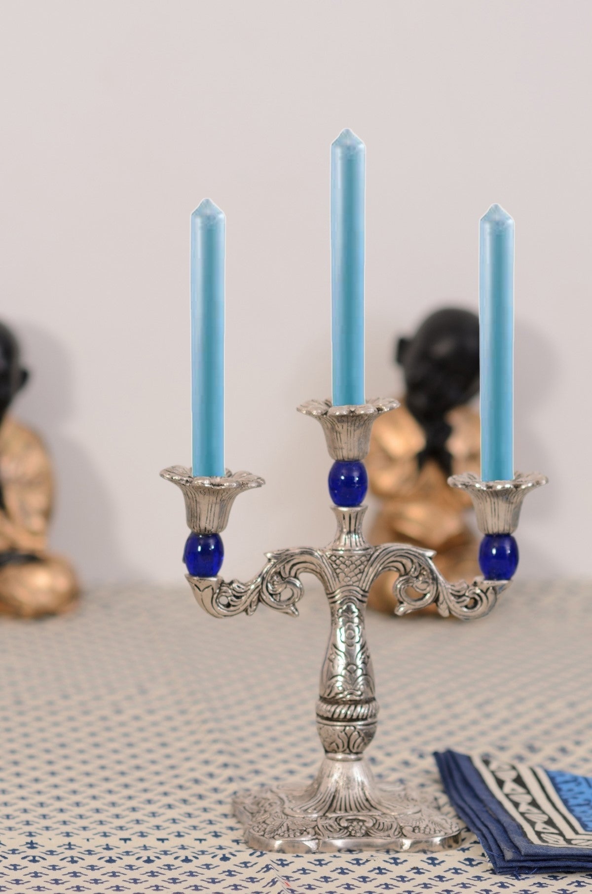 White Metal Silver and blue 3 Candle stand Kafalo