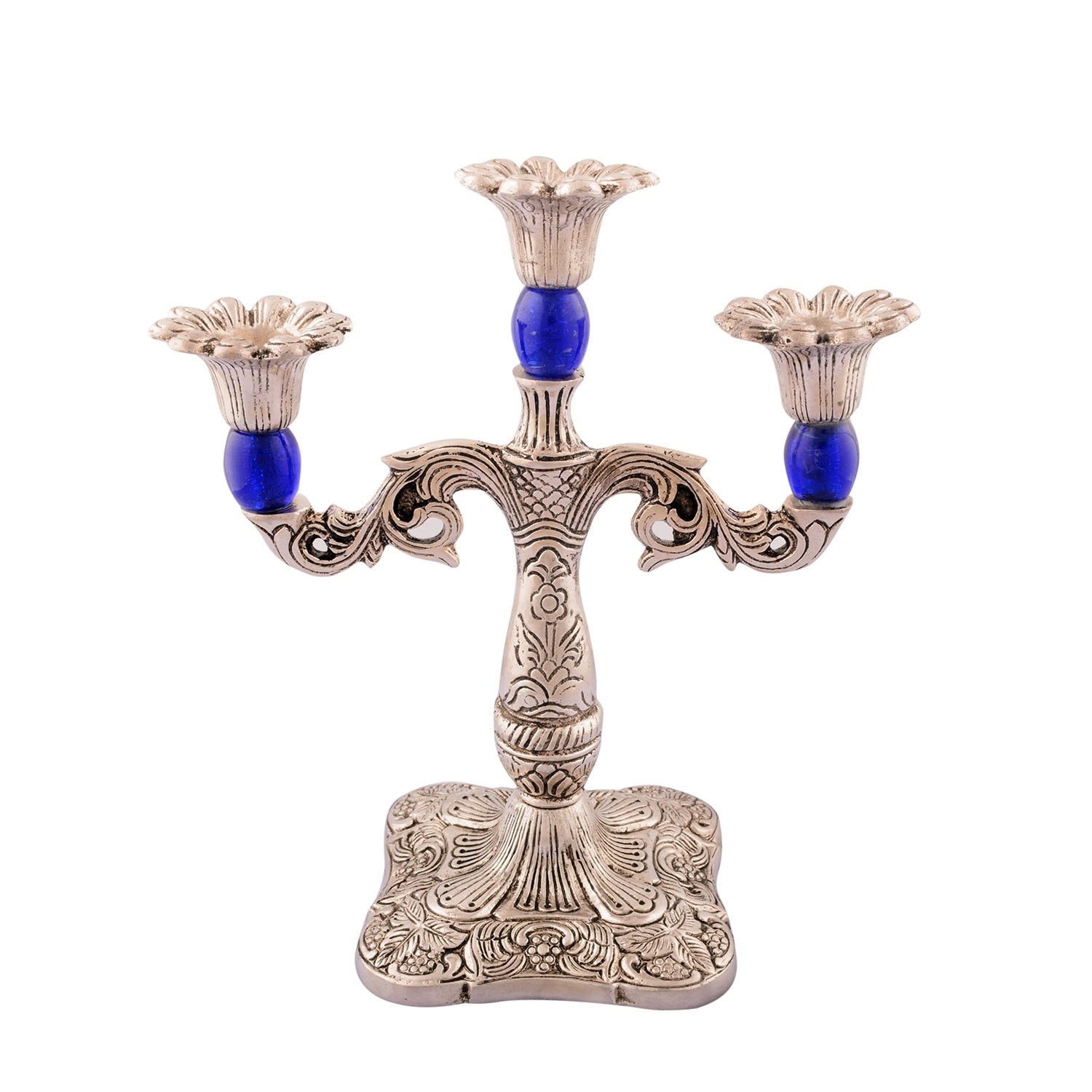 White Metal Silver and blue 3 Candle stand Kafalo