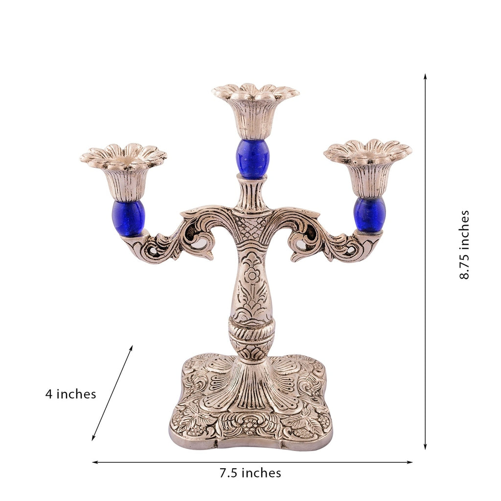 White Metal Silver and blue 3 Candle stand Kafalo