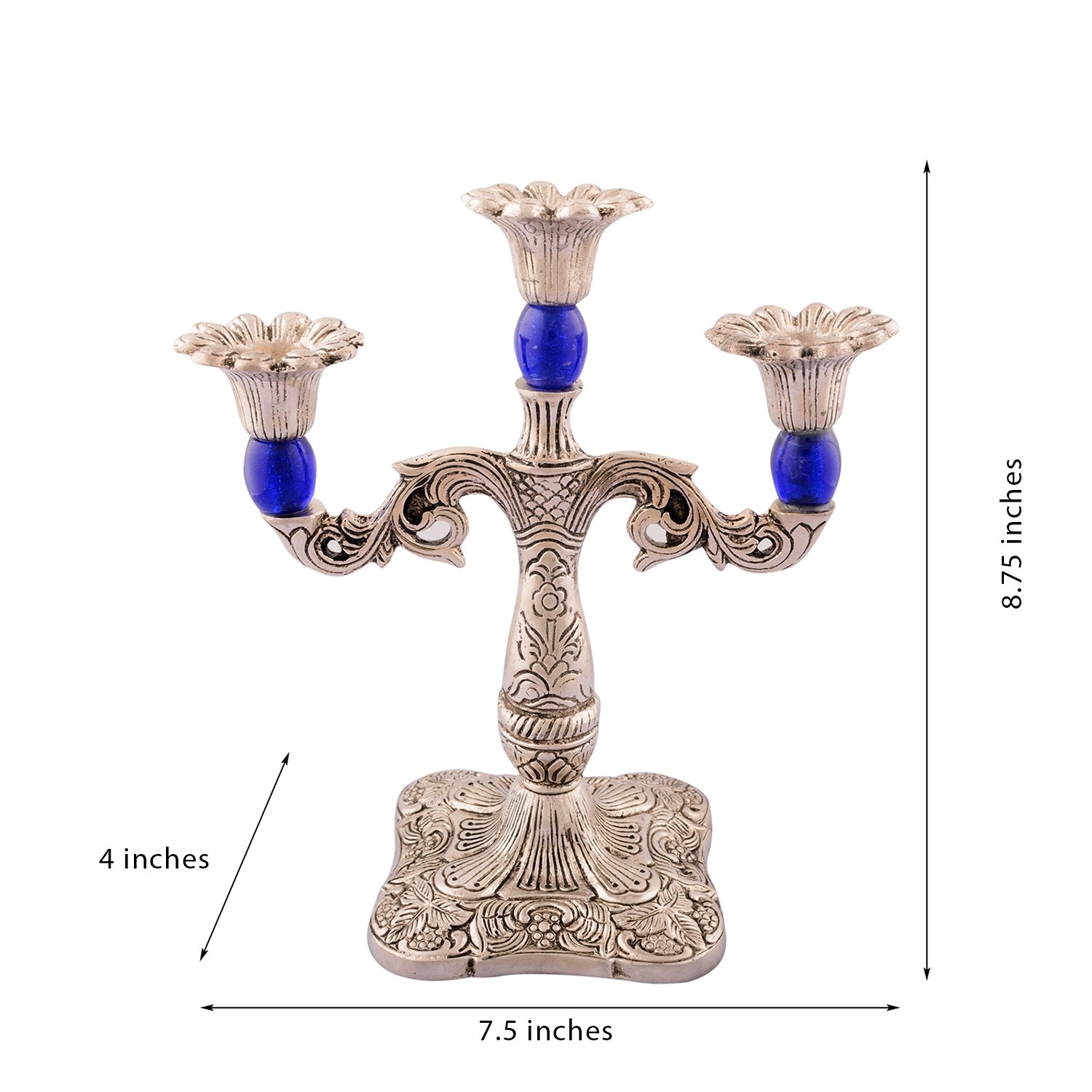 White Metal Silver and blue 3 Candle stand Kafalo