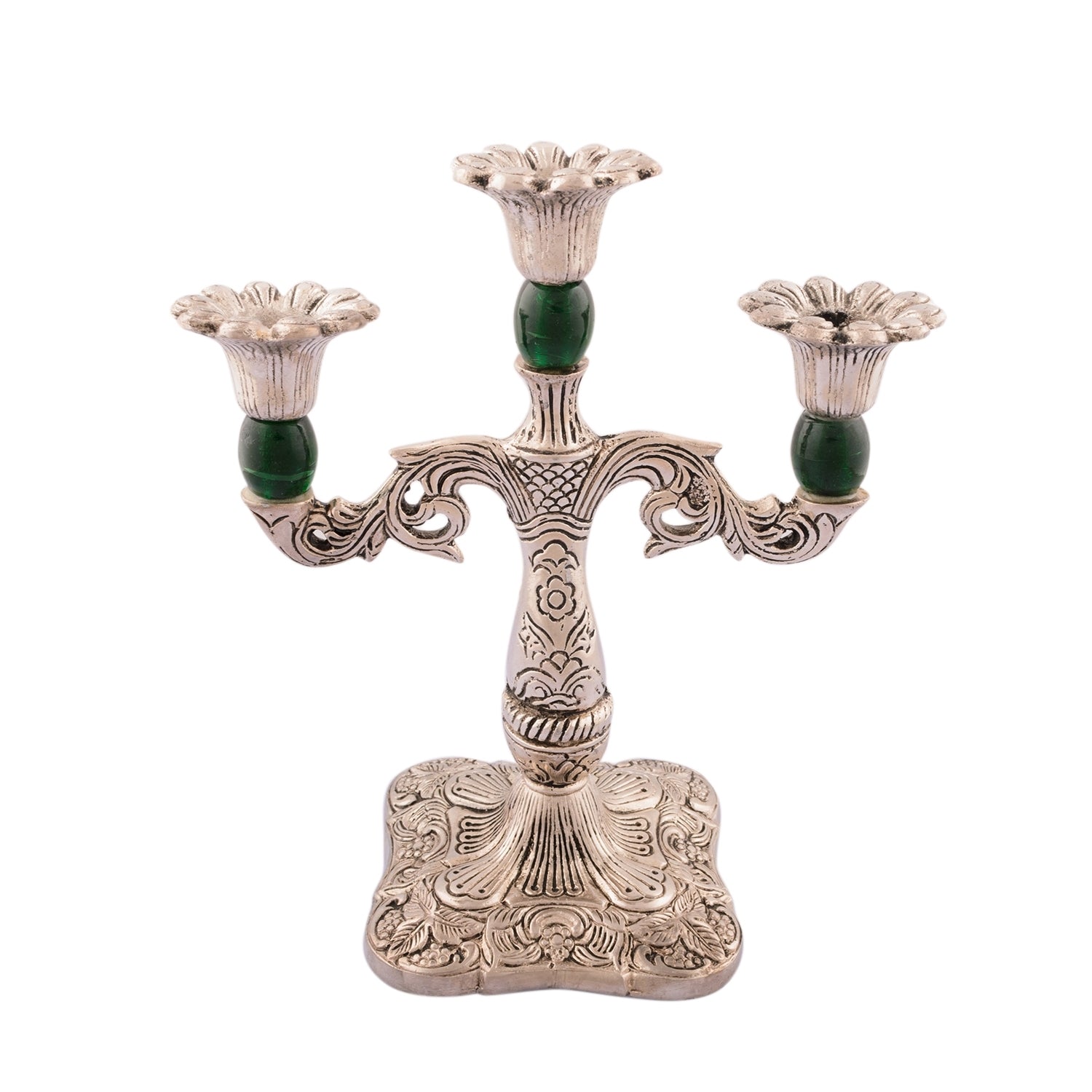 White Metal Silver and Royal Green 3 Candle stand Kafalo