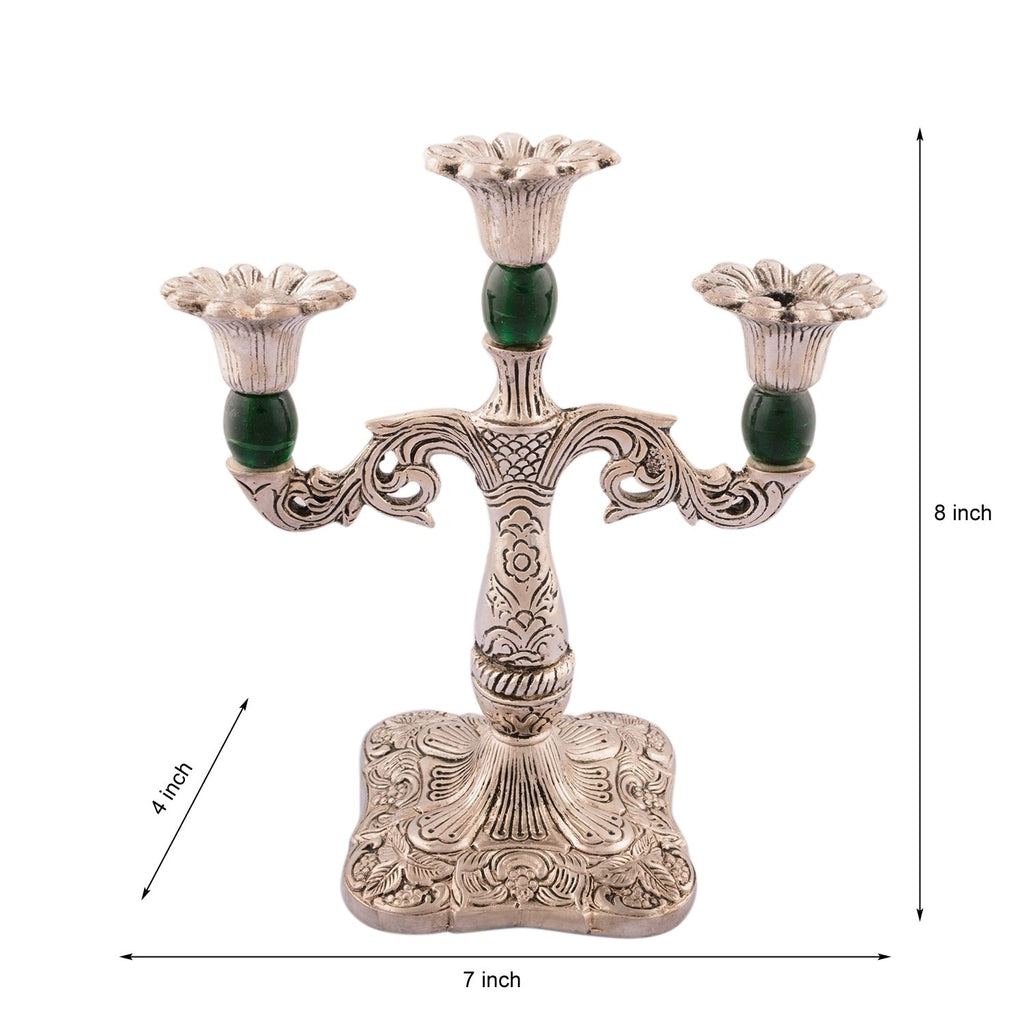White Metal Silver and Royal Green 3 Candle stand Kafalo