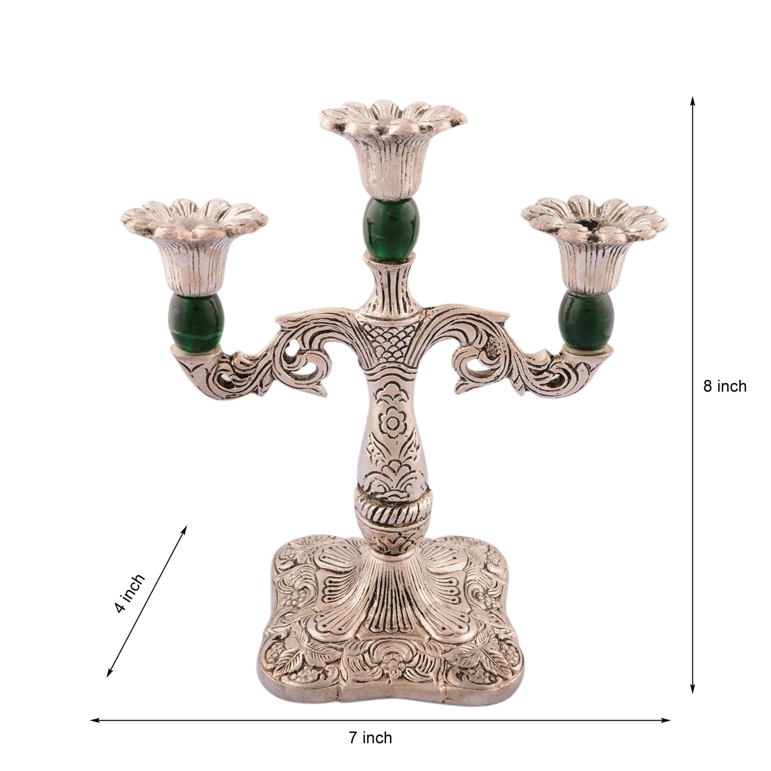 White Metal Silver and Royal Green 3 Candle stand Kafalo