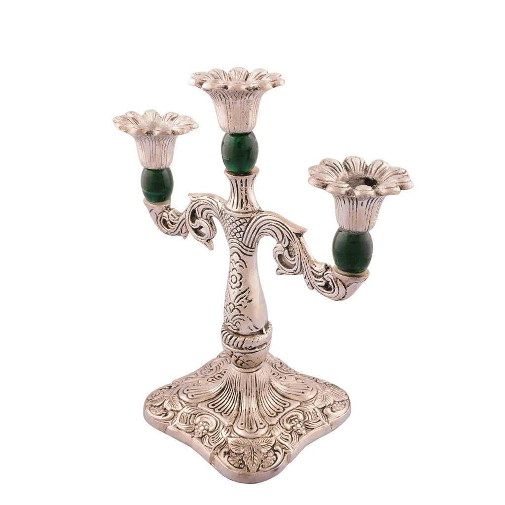 White Metal Silver and Royal Green 3 Candle stand Kafalo