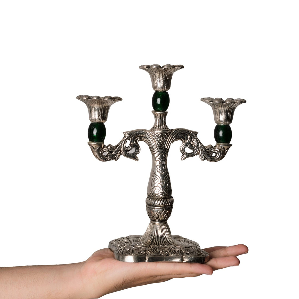 White Metal Silver and Royal Green 3 Candle stand Kafalo
