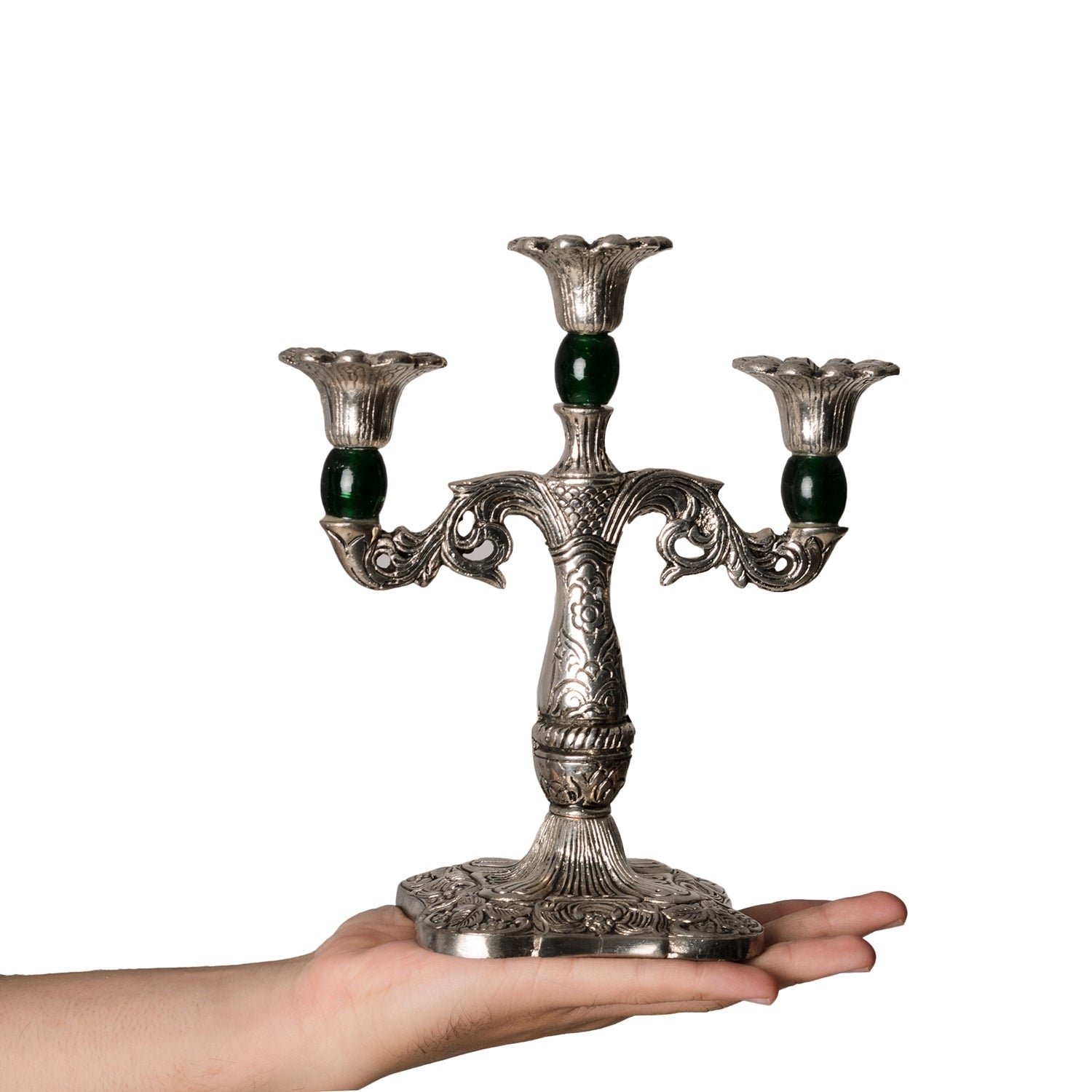 White Metal Silver and Royal Green 3 Candle stand Kafalo