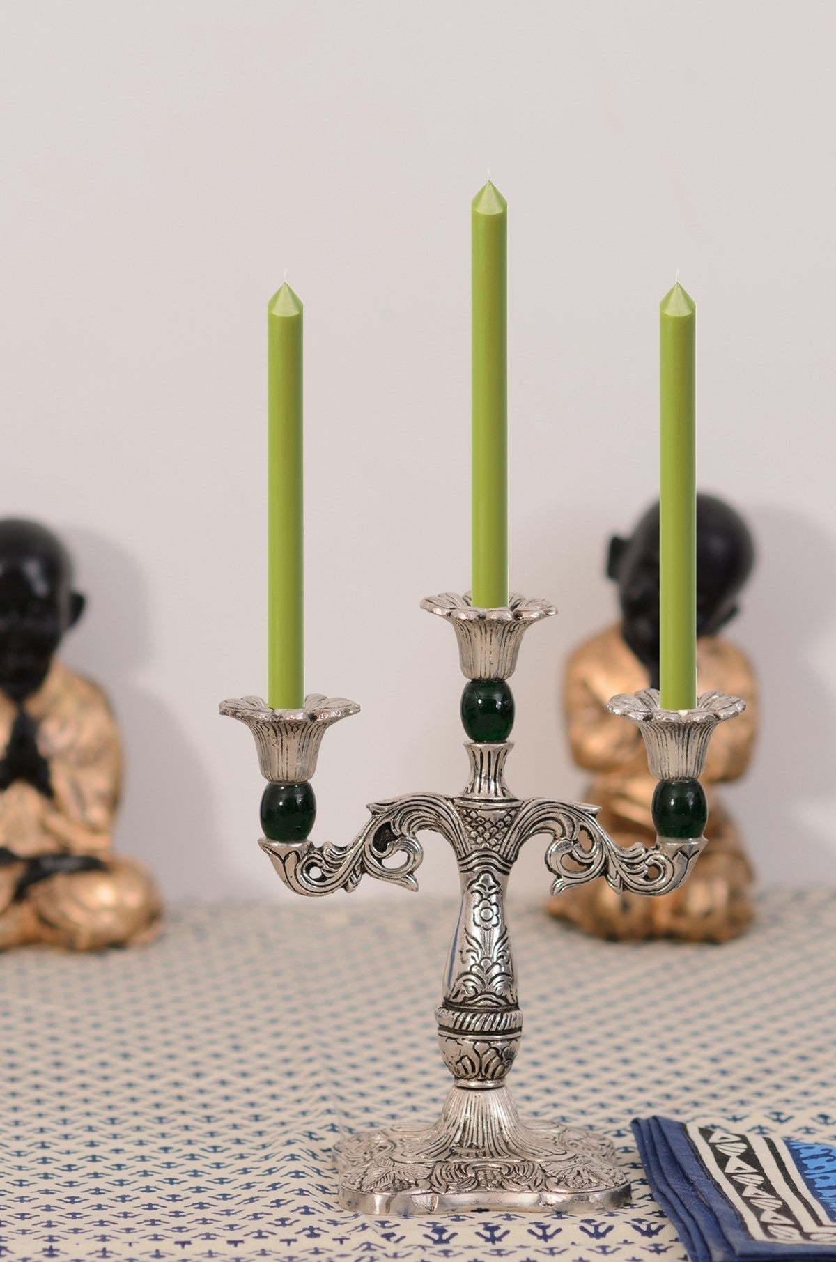 White Metal Silver and green 3 Candle stand Kafalo