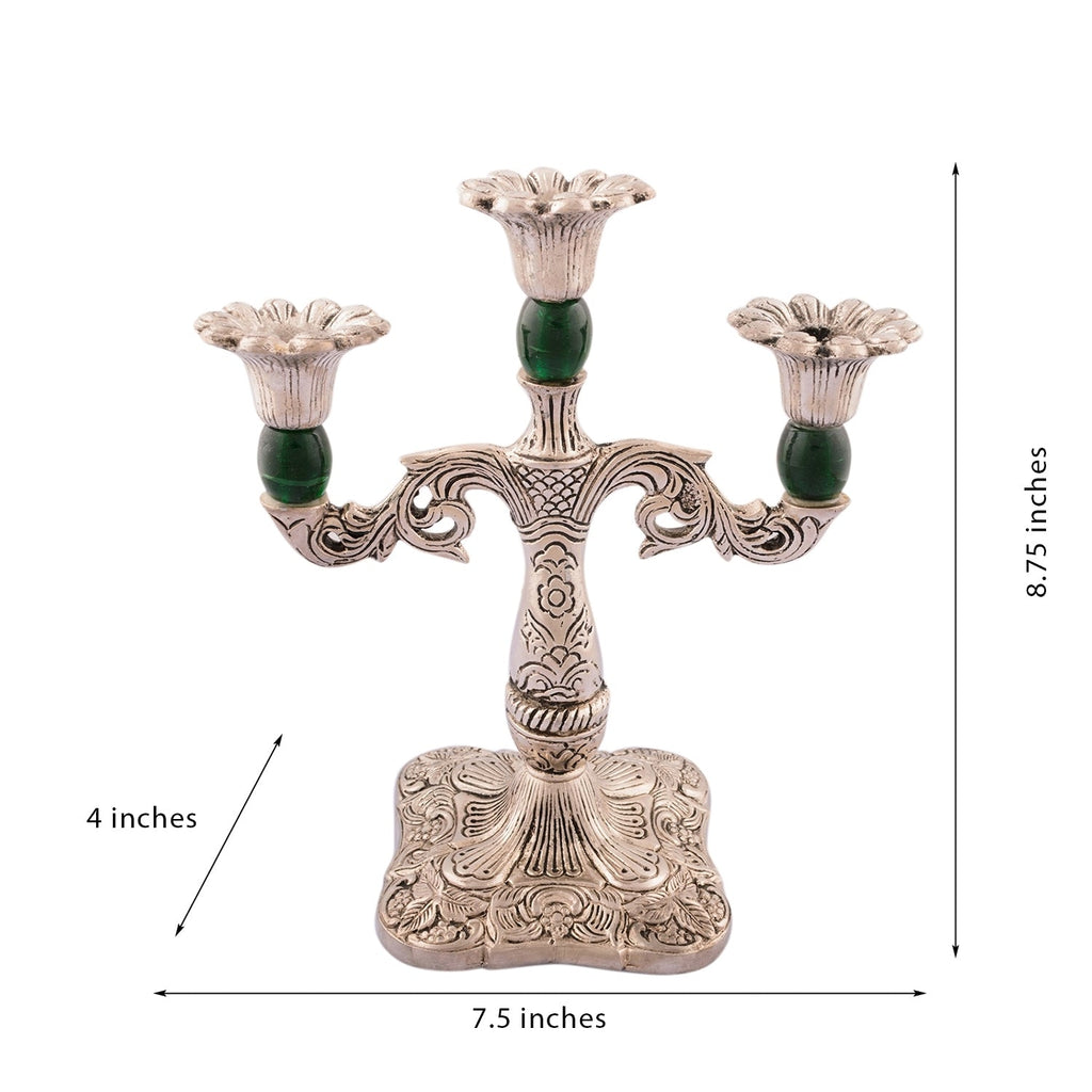 White Metal Silver and green 3 Candle stand Kafalo