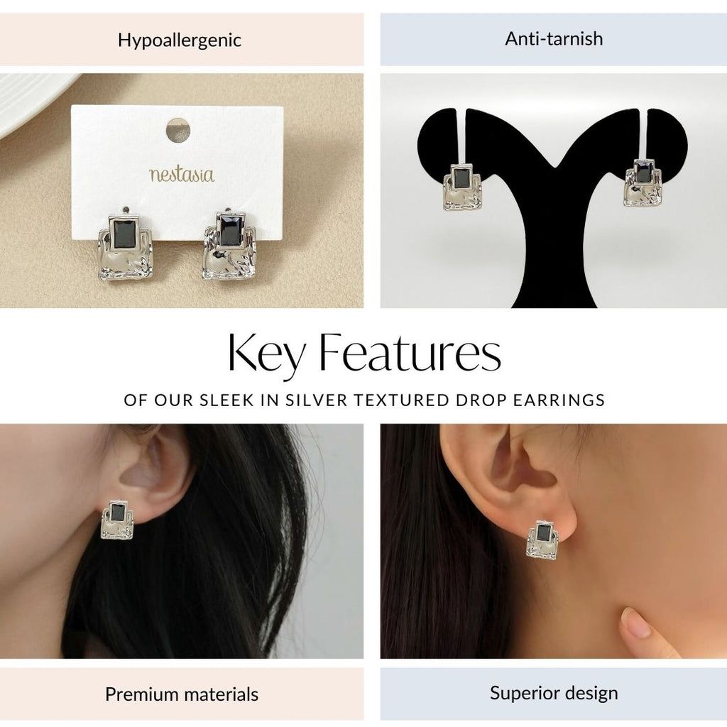 Sleek In Silver Textured Drop Earrings Nestasia