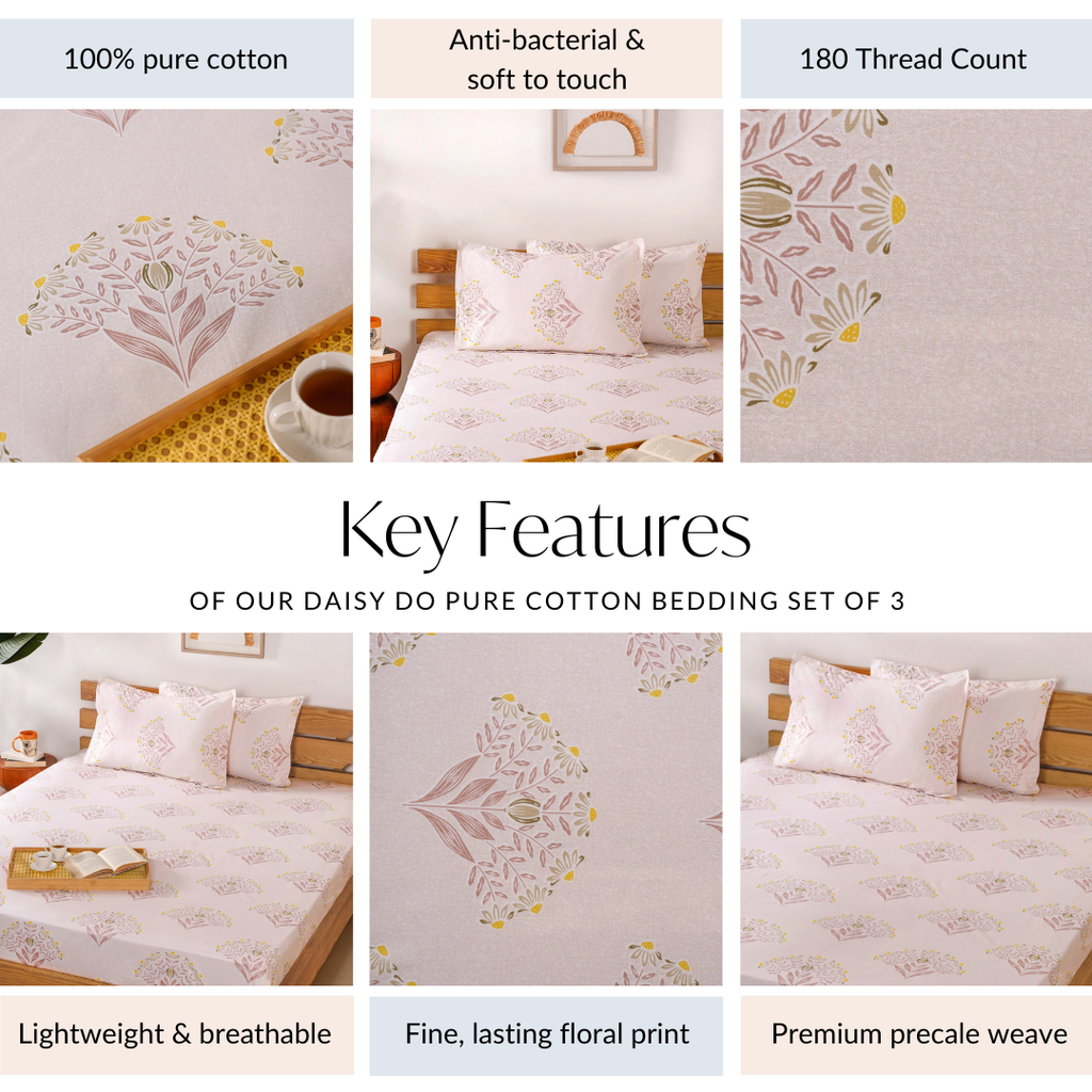 Ultra Soft Daisy 180 TC Pure Cotton Bedding Set Of 3 King Size 275x275 cm Nestasia