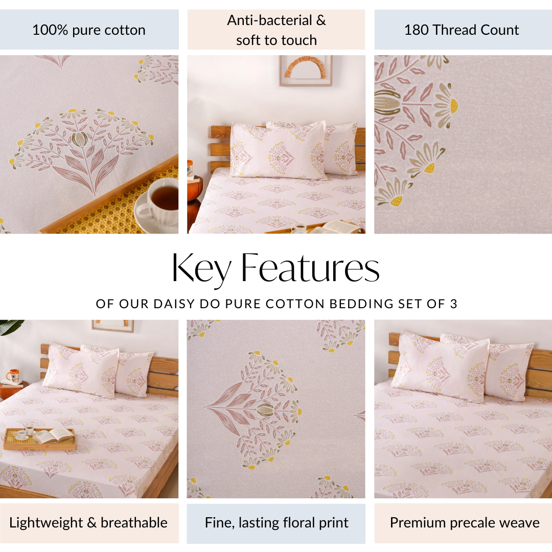 Ultra Soft Daisy 180 TC Pure Cotton Bedding Set Of 3 King Size 275x275 cm Nestasia