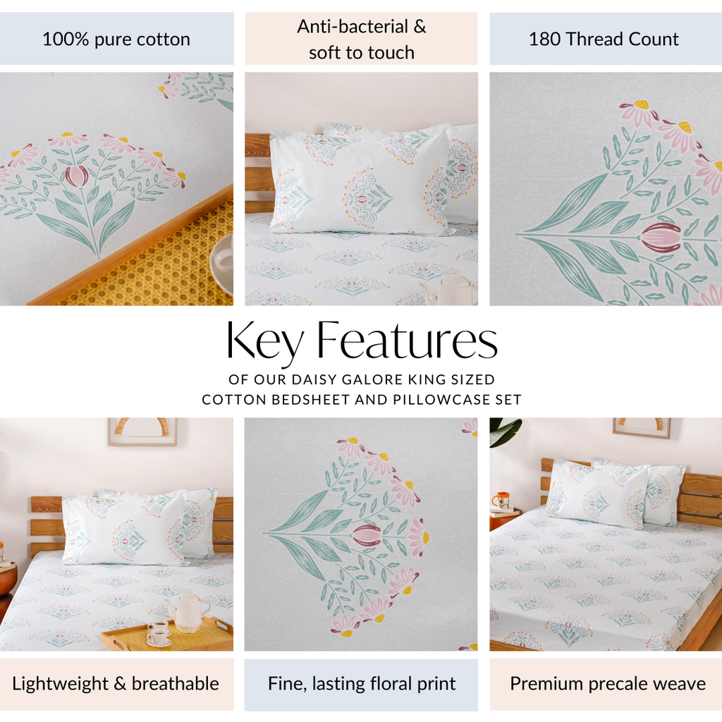 Daisy Florals King Sized Pure Cotton Bedding Set 180 TC Ultra Soft 275x275 cm Nestasia