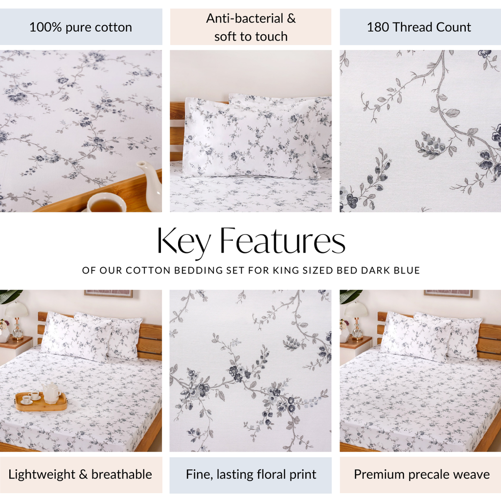 King Size Ultra Soft 100% Pure Cotton Bedding Set Dark Blue 275x275 cm