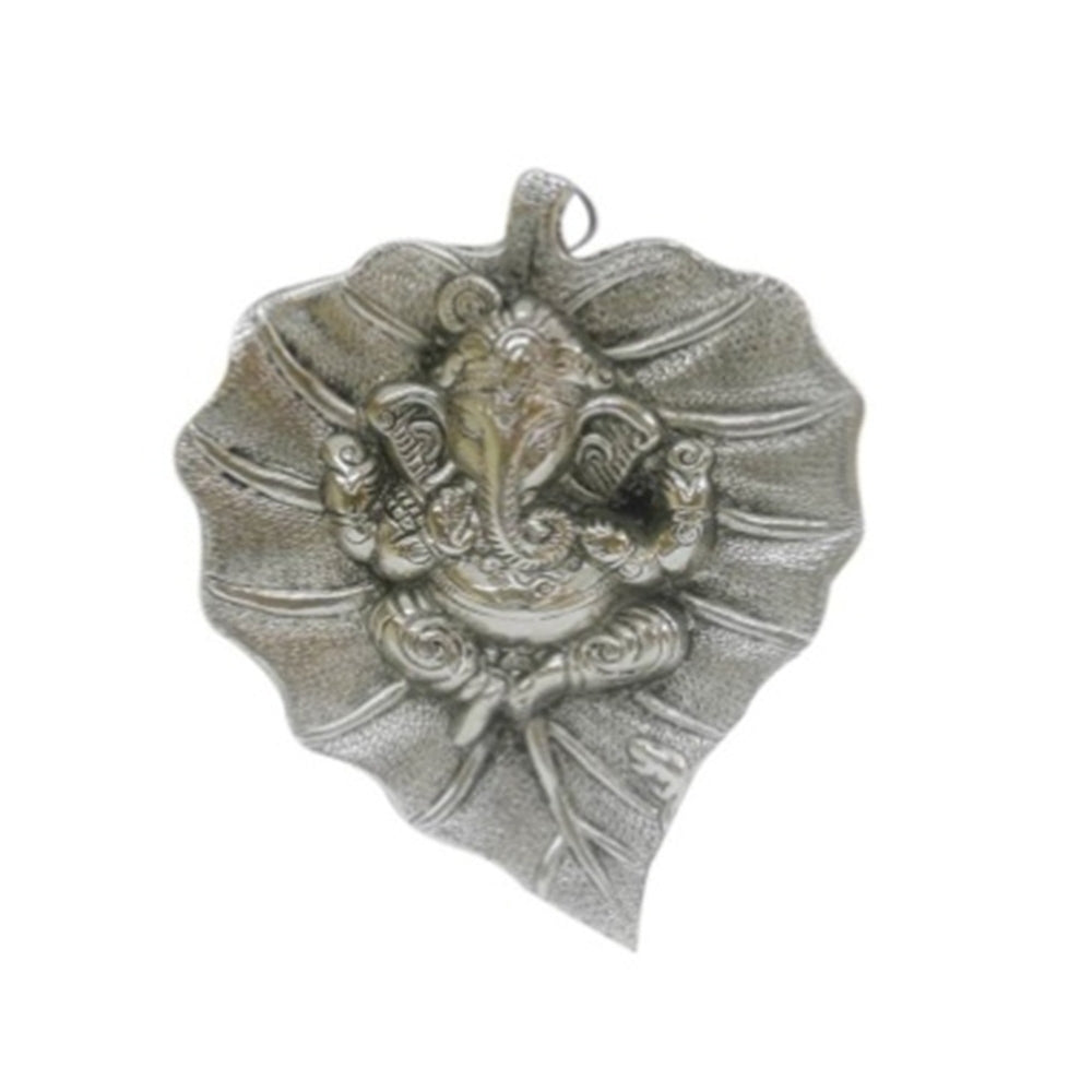 White Metal Silver Lord Ganesha on Leaf wall hanging Kafalo