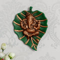 Brown Beautiful Lord Ganesha On Green Leaf Metal Wall Hanging Kafalo