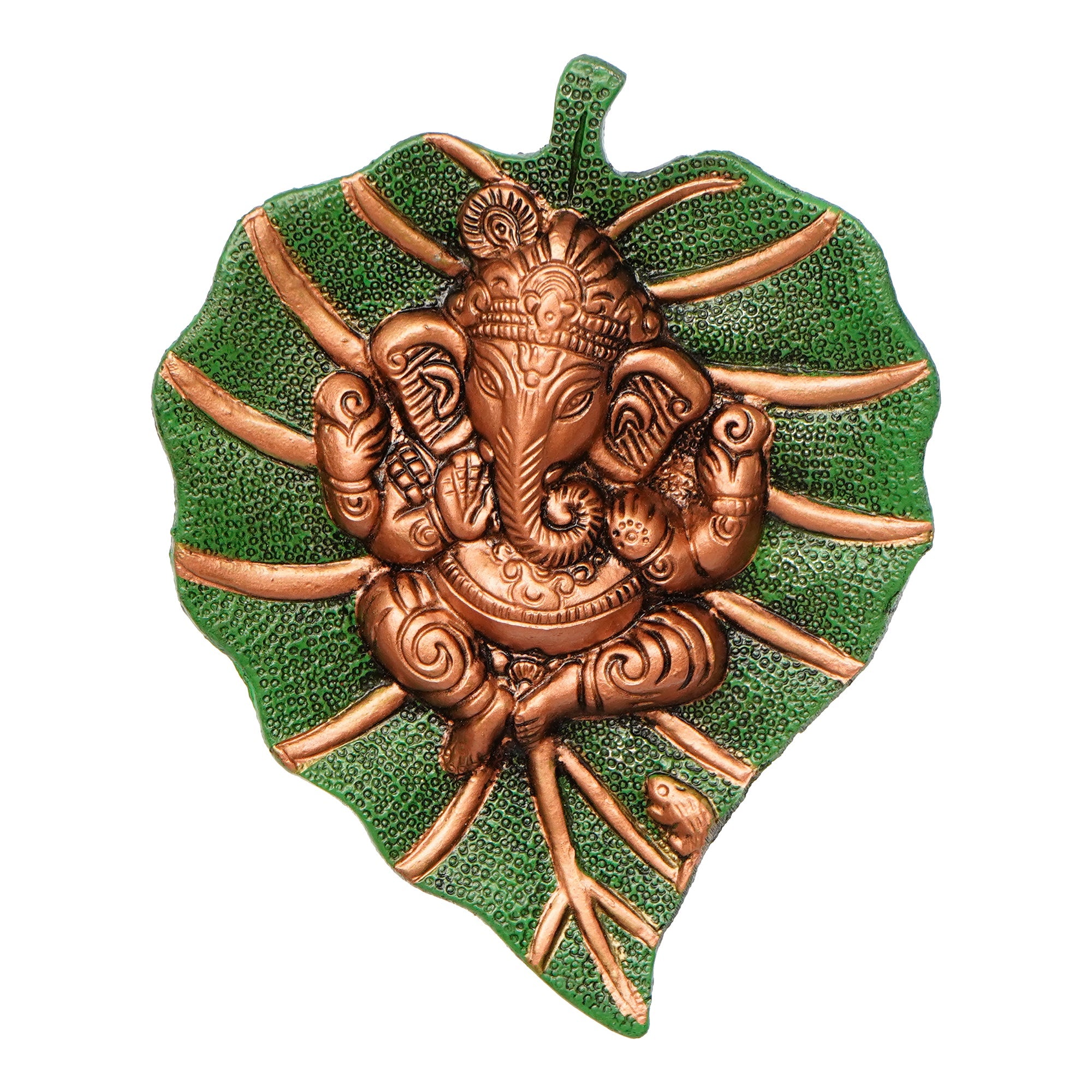 Brown Beautiful Lord Ganesha On Green Leaf Metal Wall Hanging Kafalo