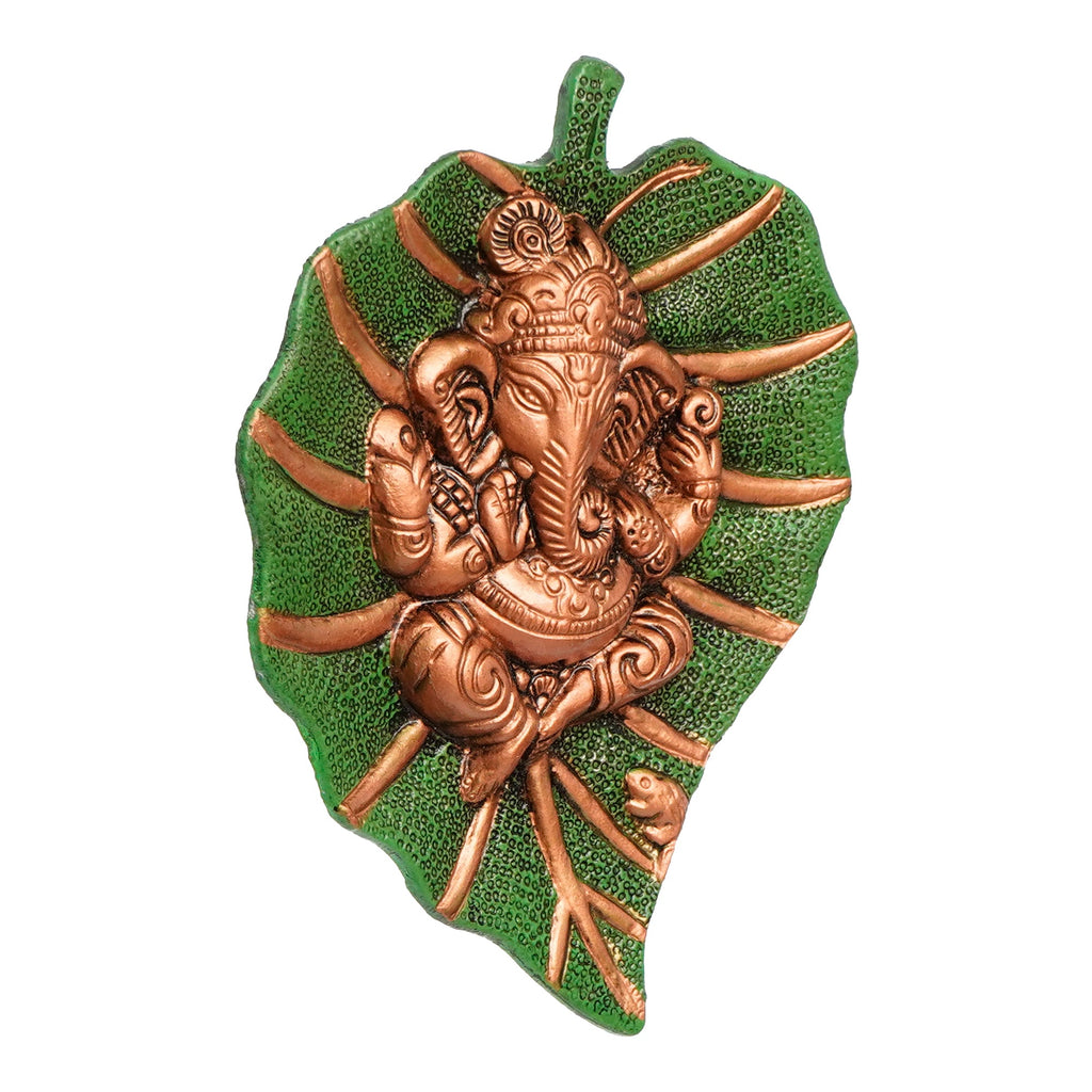 Brown Beautiful Lord Ganesha On Green Leaf Metal Wall Hanging Kafalo