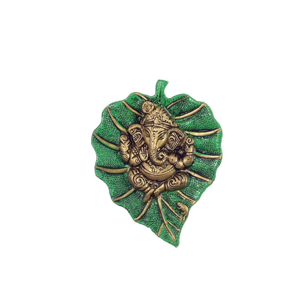 White Metal Golden Lord Ganesha on Green Leaf wall hanging Kafalo