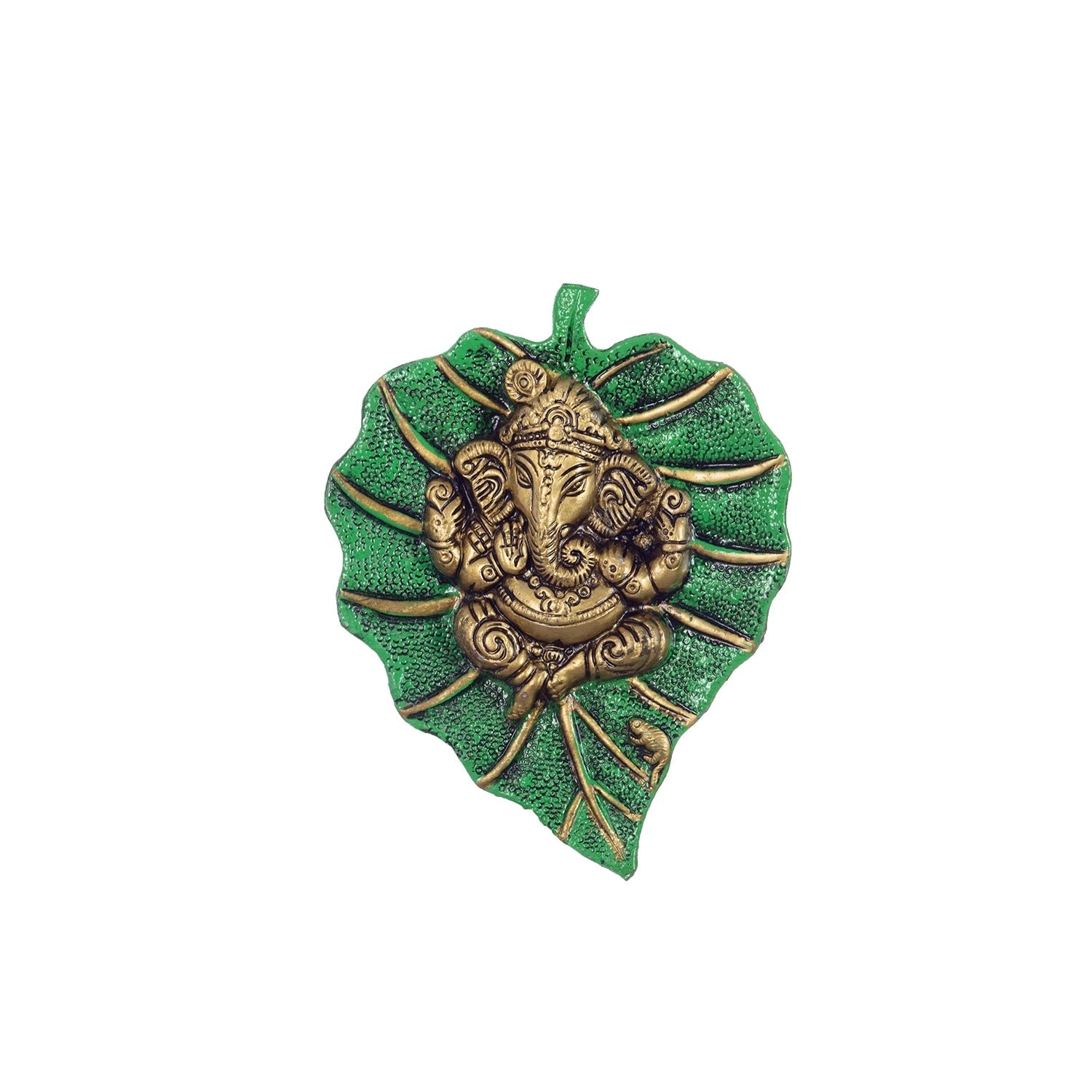 White Metal Golden Lord Ganesha on Green Leaf wall hanging Kafalo