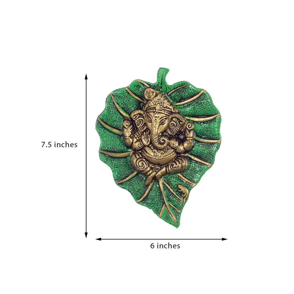 White Metal Golden Lord Ganesha on Green Leaf wall hanging Kafalo