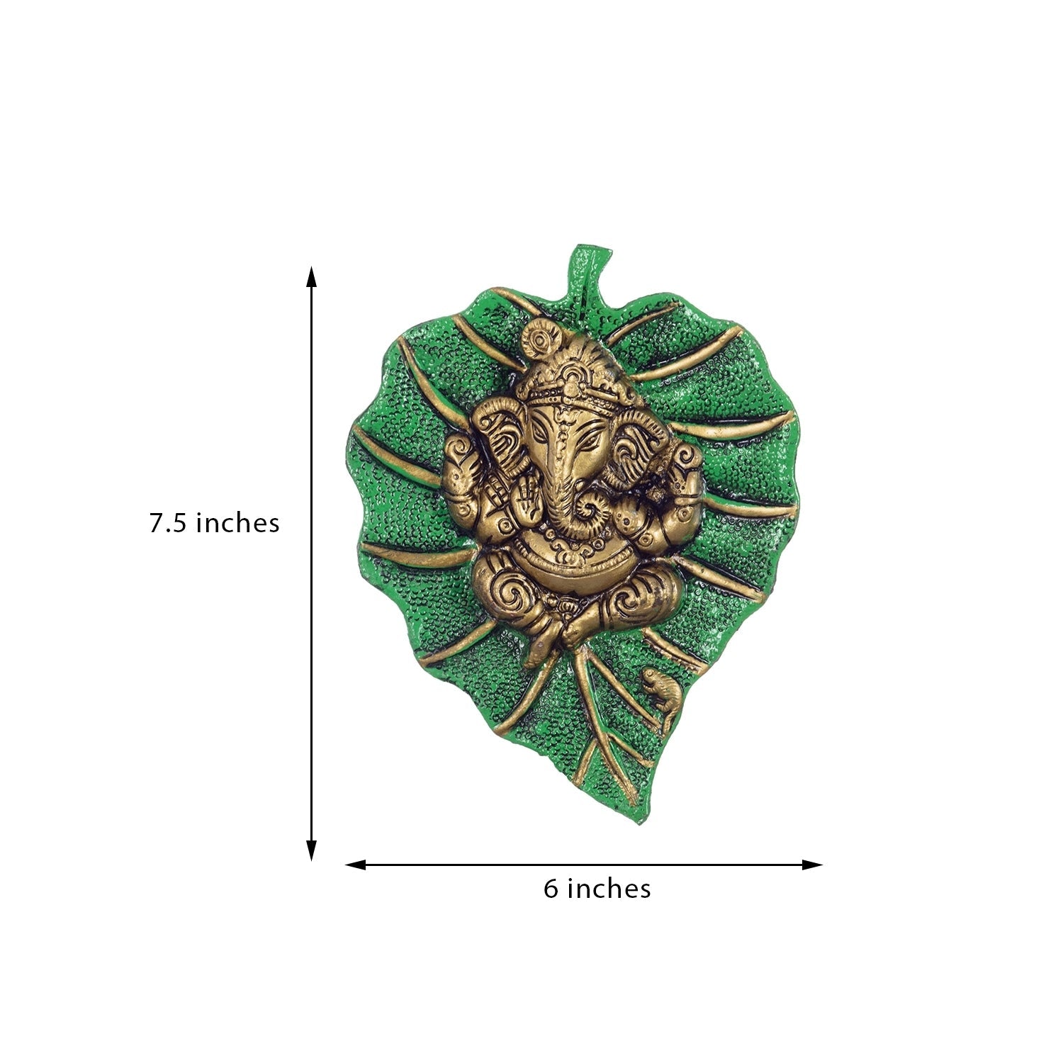 White Metal Golden Lord Ganesha on Green Leaf wall hanging Kafalo