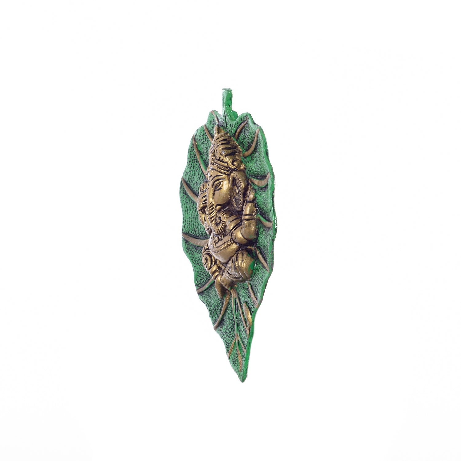 White Metal Golden Lord Ganesha on Green Leaf wall hanging Kafalo