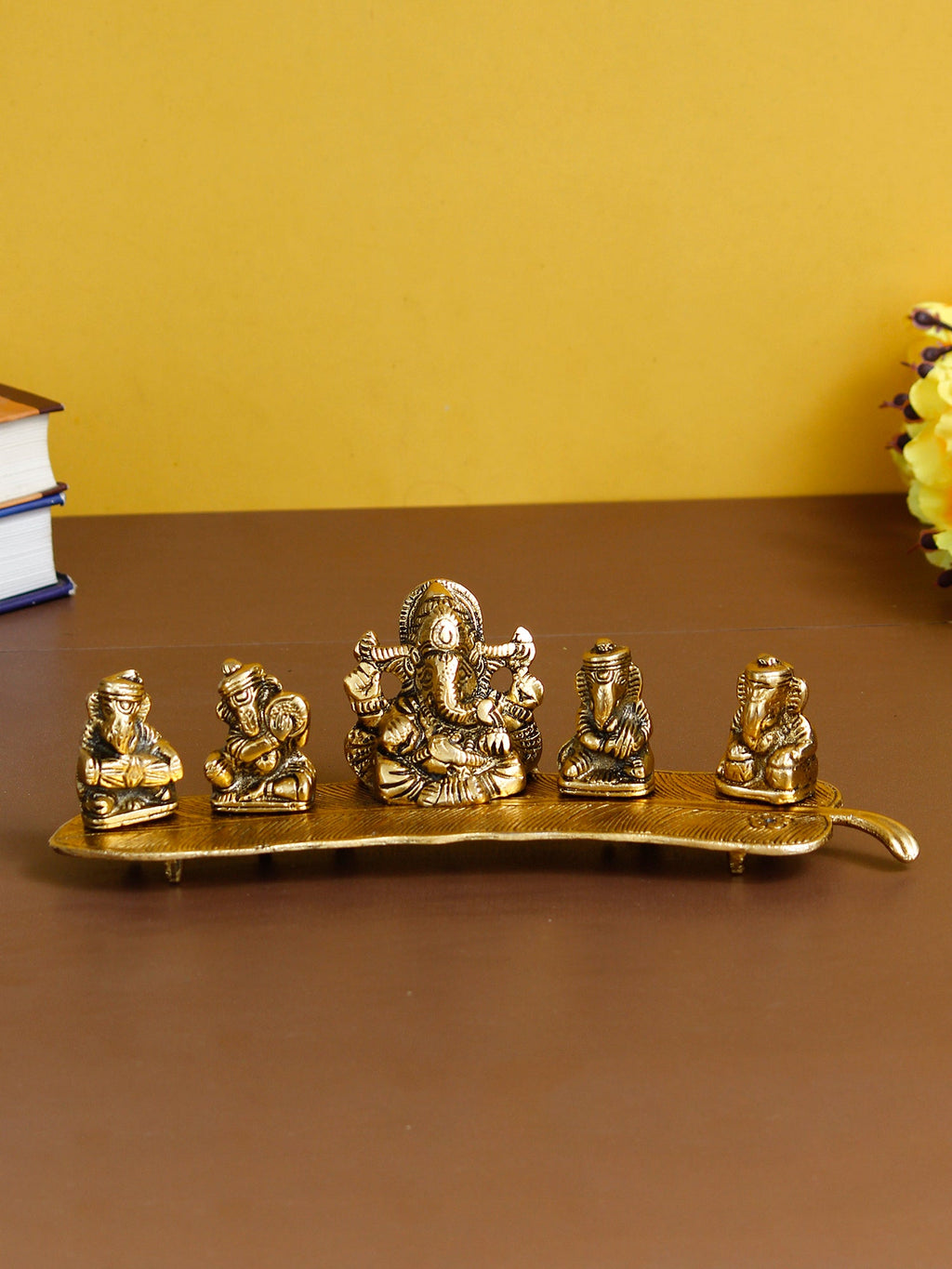 Set Of 5 Golden Musical Lord Ganesha Idols On Leaf Handicrafted Showpiece Kafalo