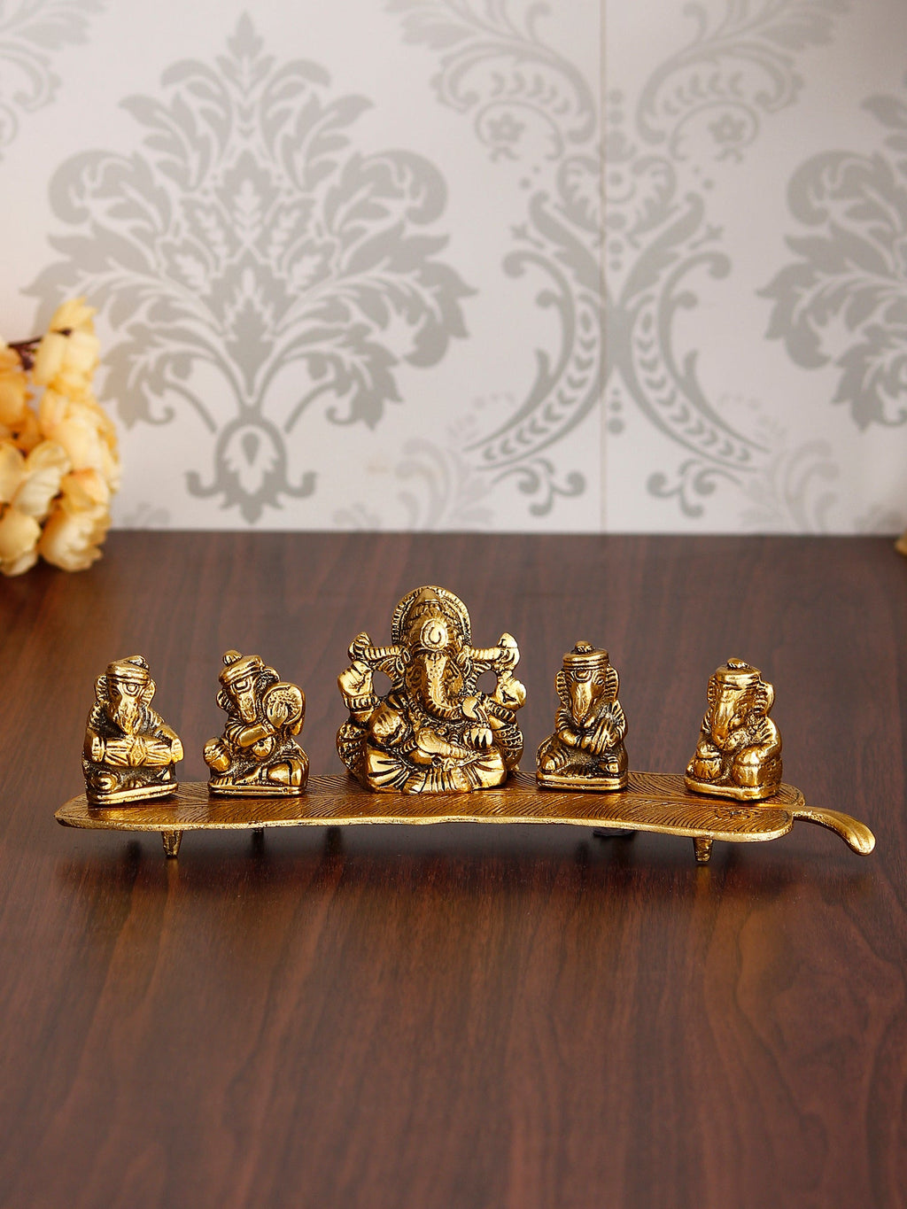 Set Of 5 Golden Musical Lord Ganesha Idols On Leaf Handicrafted Showpiece Kafalo