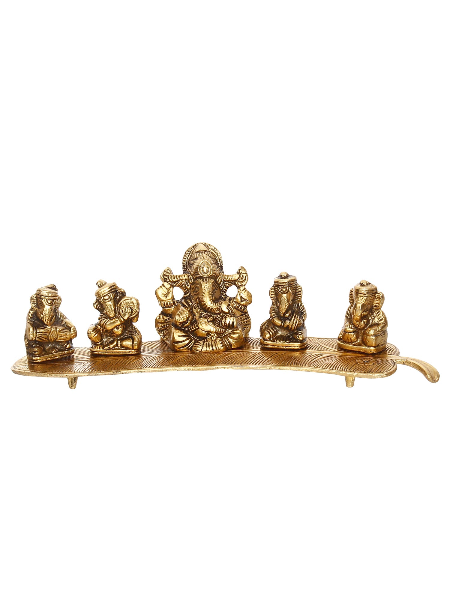 Set Of 5 Golden Musical Lord Ganesha Idols On Leaf Handicrafted Showpiece Kafalo