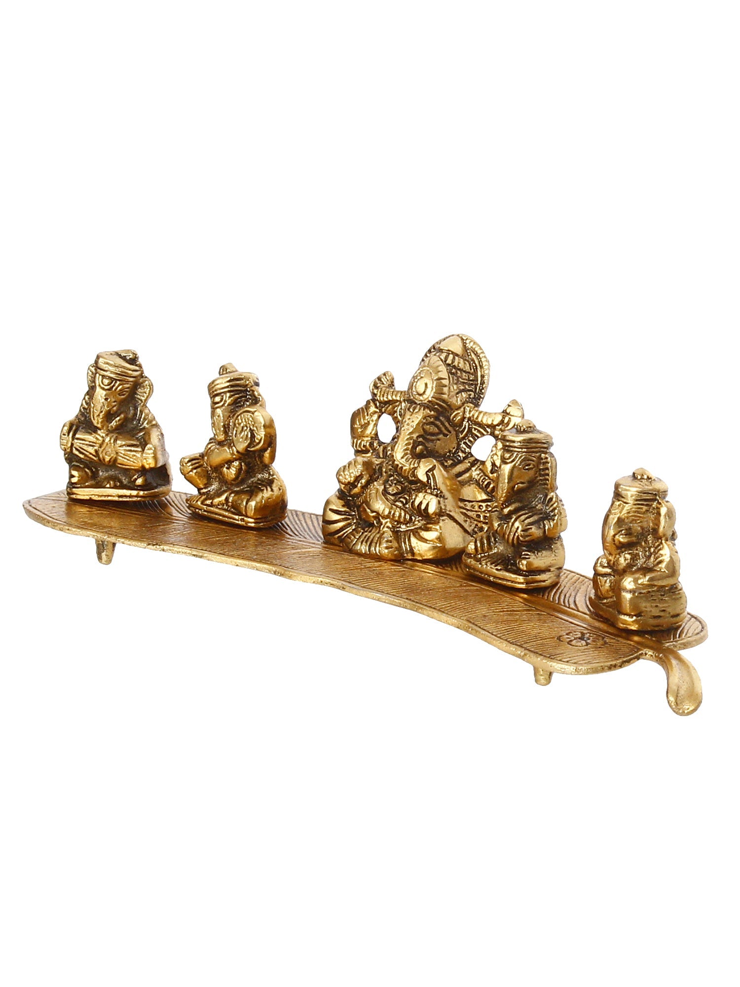 Set Of 5 Golden Musical Lord Ganesha Idols On Leaf Handicrafted Showpiece Kafalo