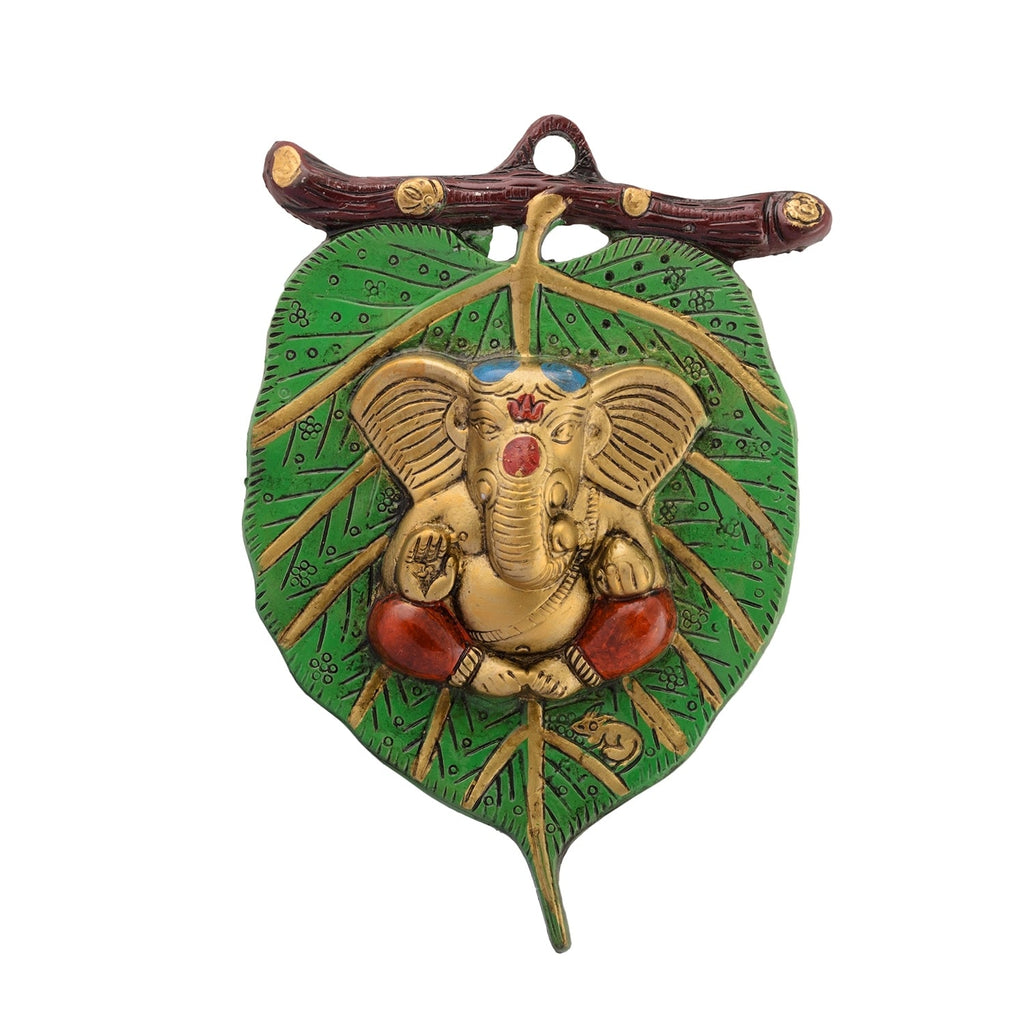 Golden Metal Lord Ganesha in Red Dhoti on Green Leaf Wall Hanging Kafalo